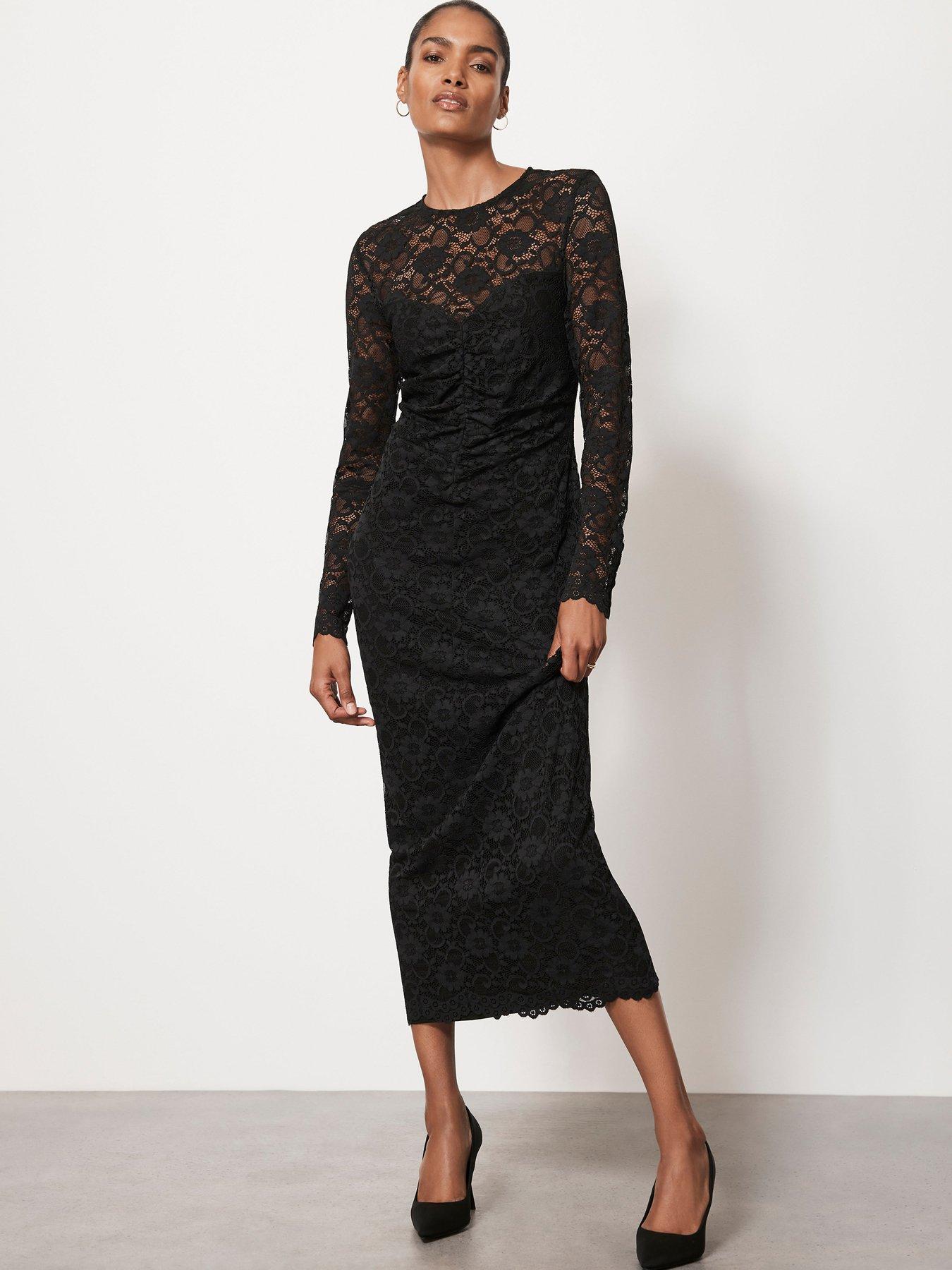 Mint Velvet Black Lace Ruched Midi Dress Very Ireland