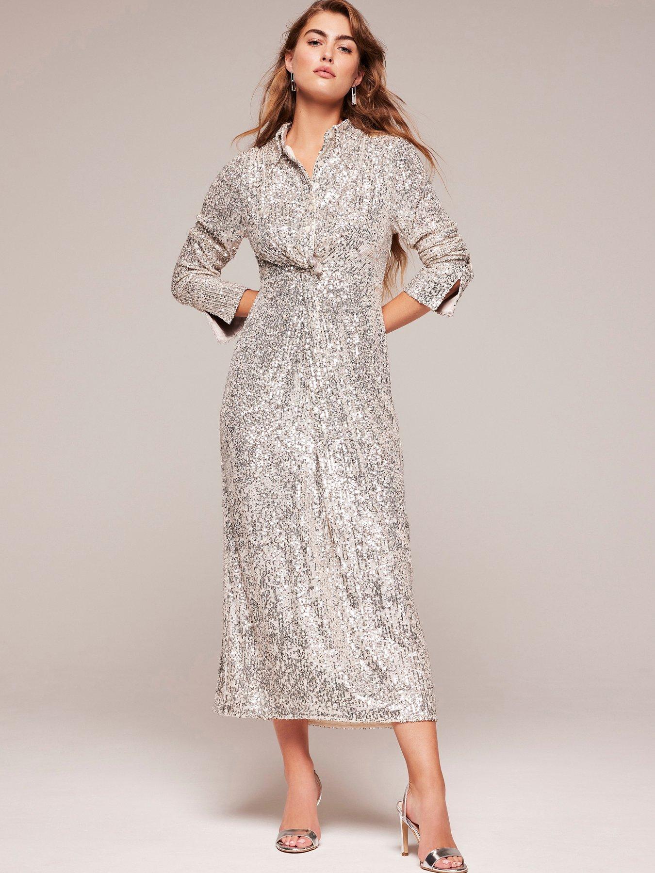 Mint Velvet Champagne Sequin Shirt Midi Dress