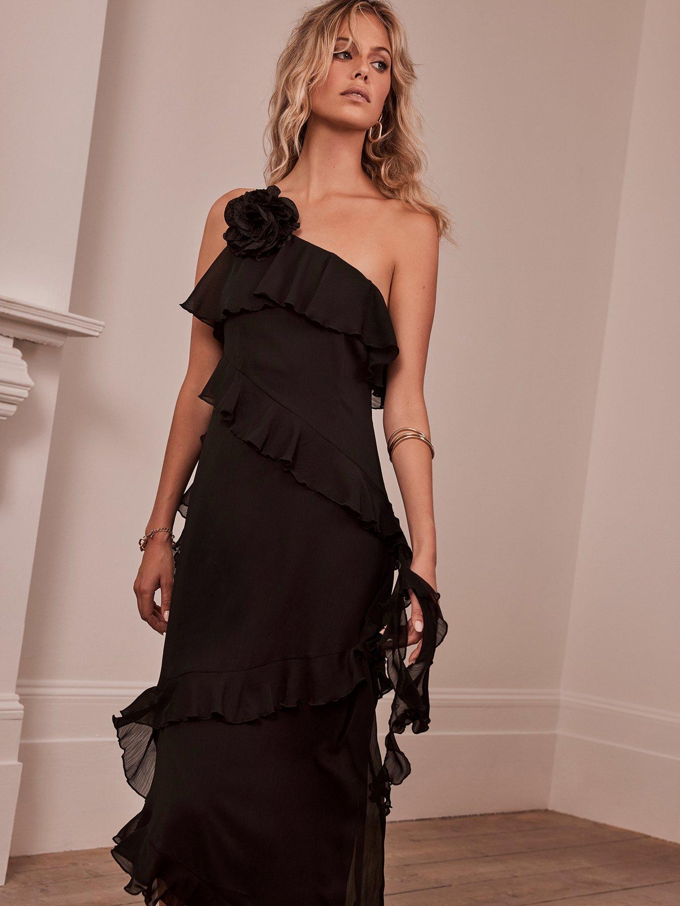 Black One Shoulder Midi Dress