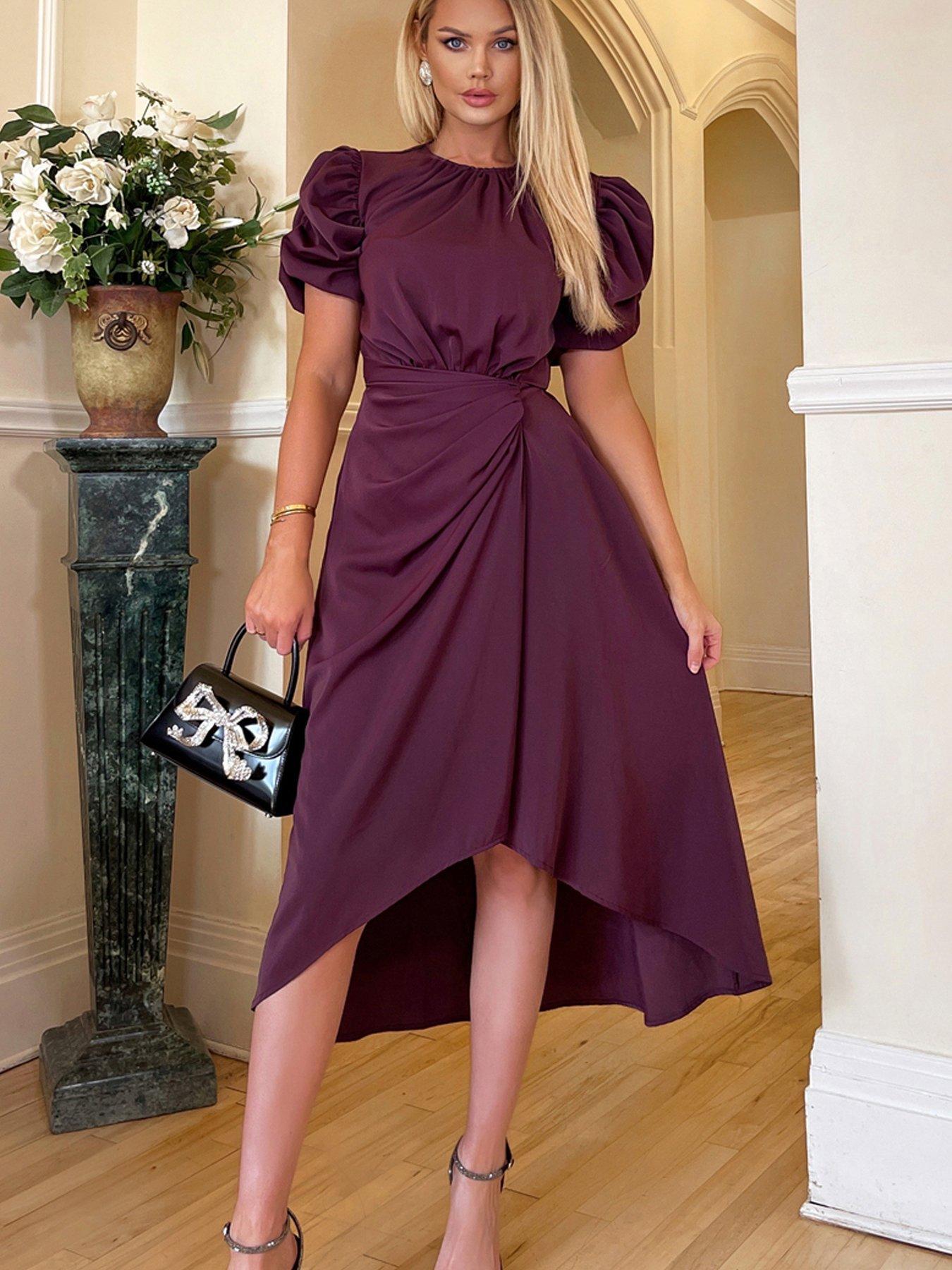 ax-paris-plum-short-puff-sleeve-gathered-side-midi-dress