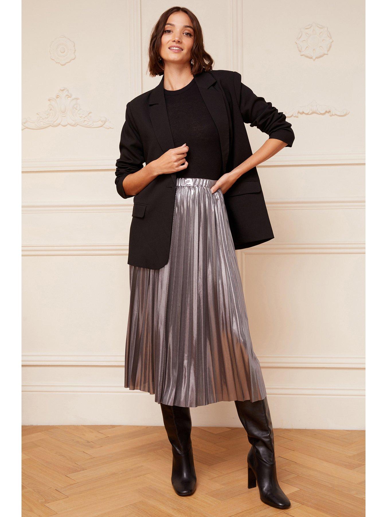 Metallic pleated 2024 midi skirt black