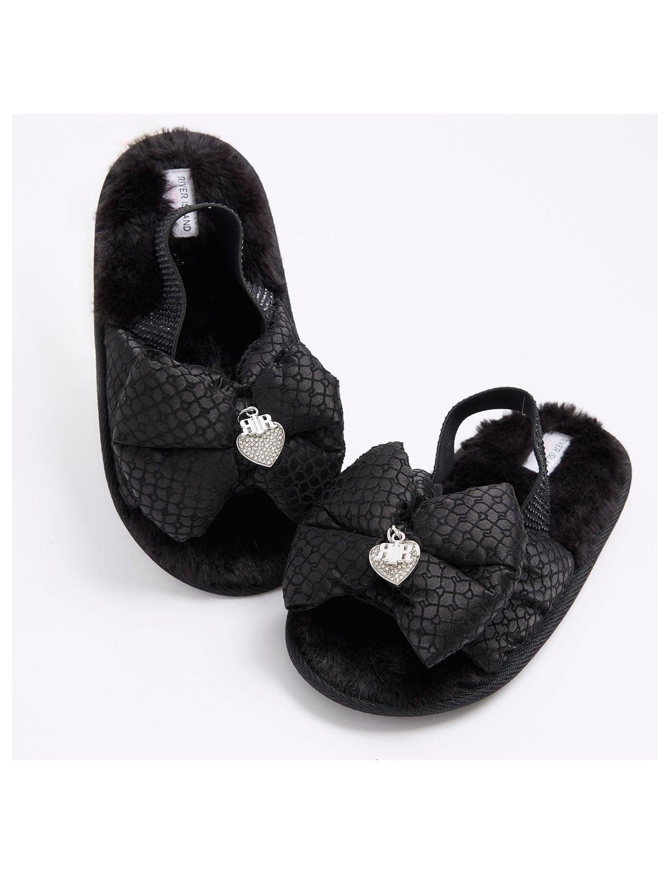 River Island Girls Bow Embellished Monogram Slippers Black