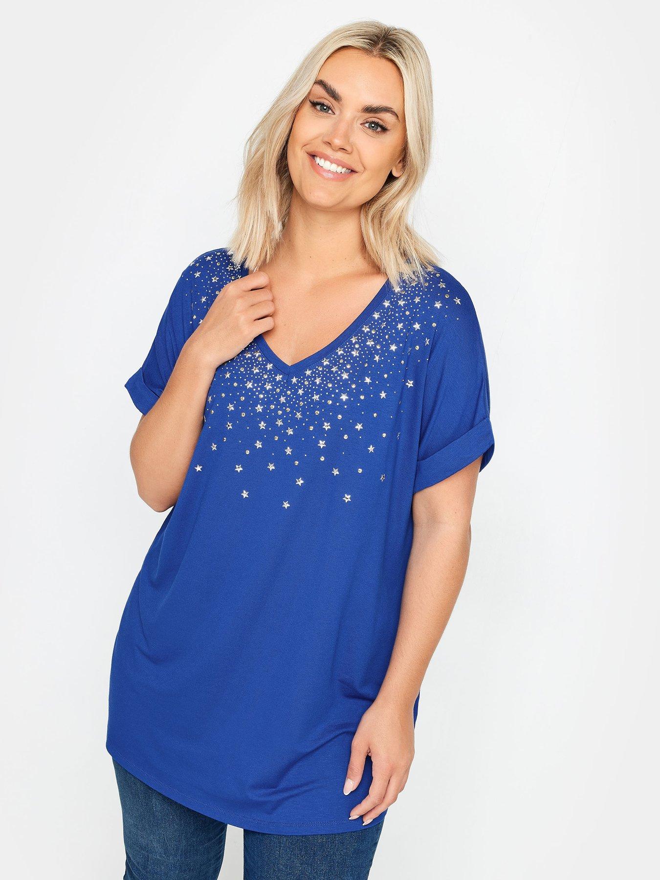 yours-sequin-and-glitter-printed-v-neck-t-shirt-blue