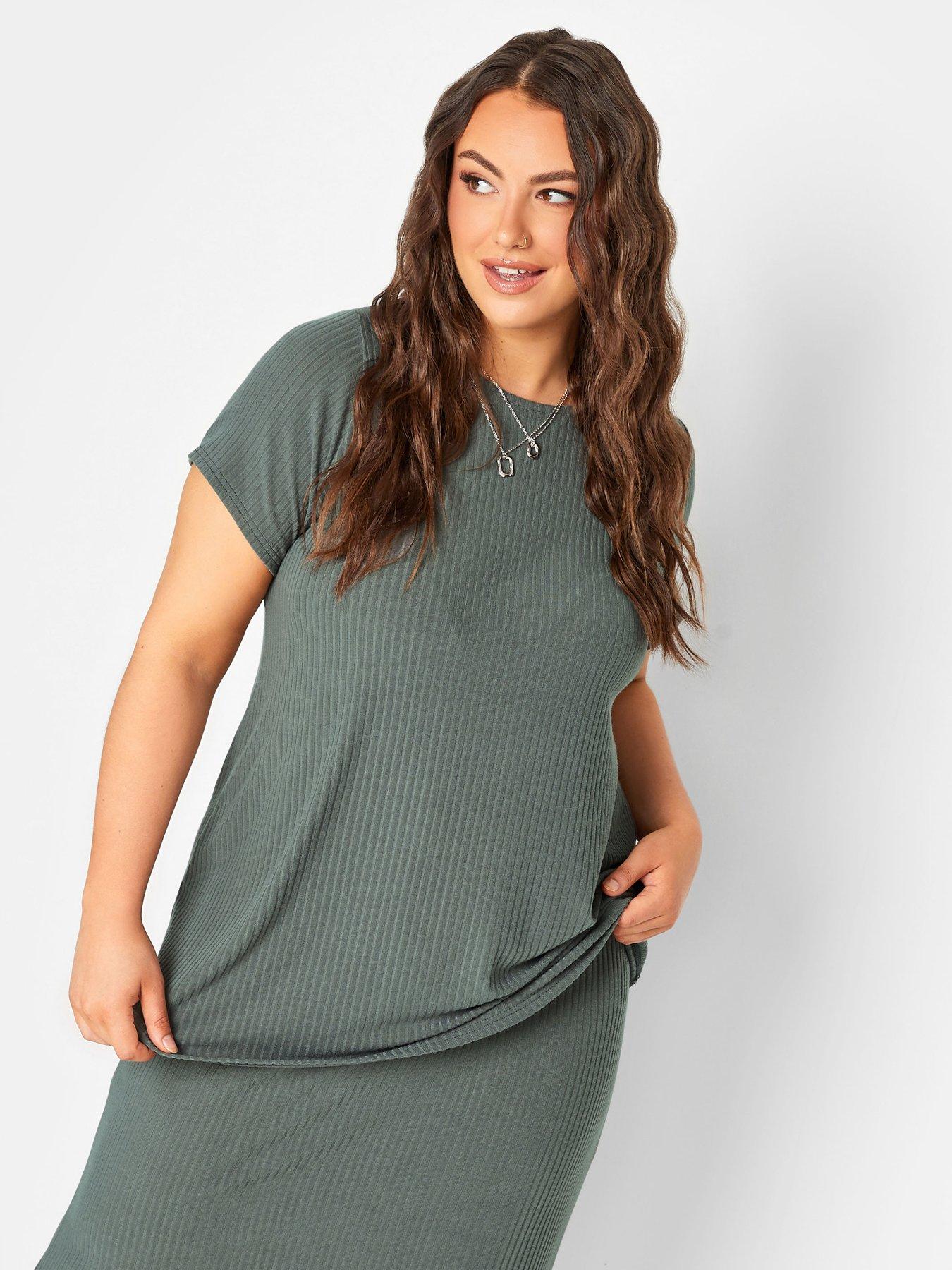 YOURS Plus Size Forest Green Ribbed Lettuce Hem Tunic Dress
