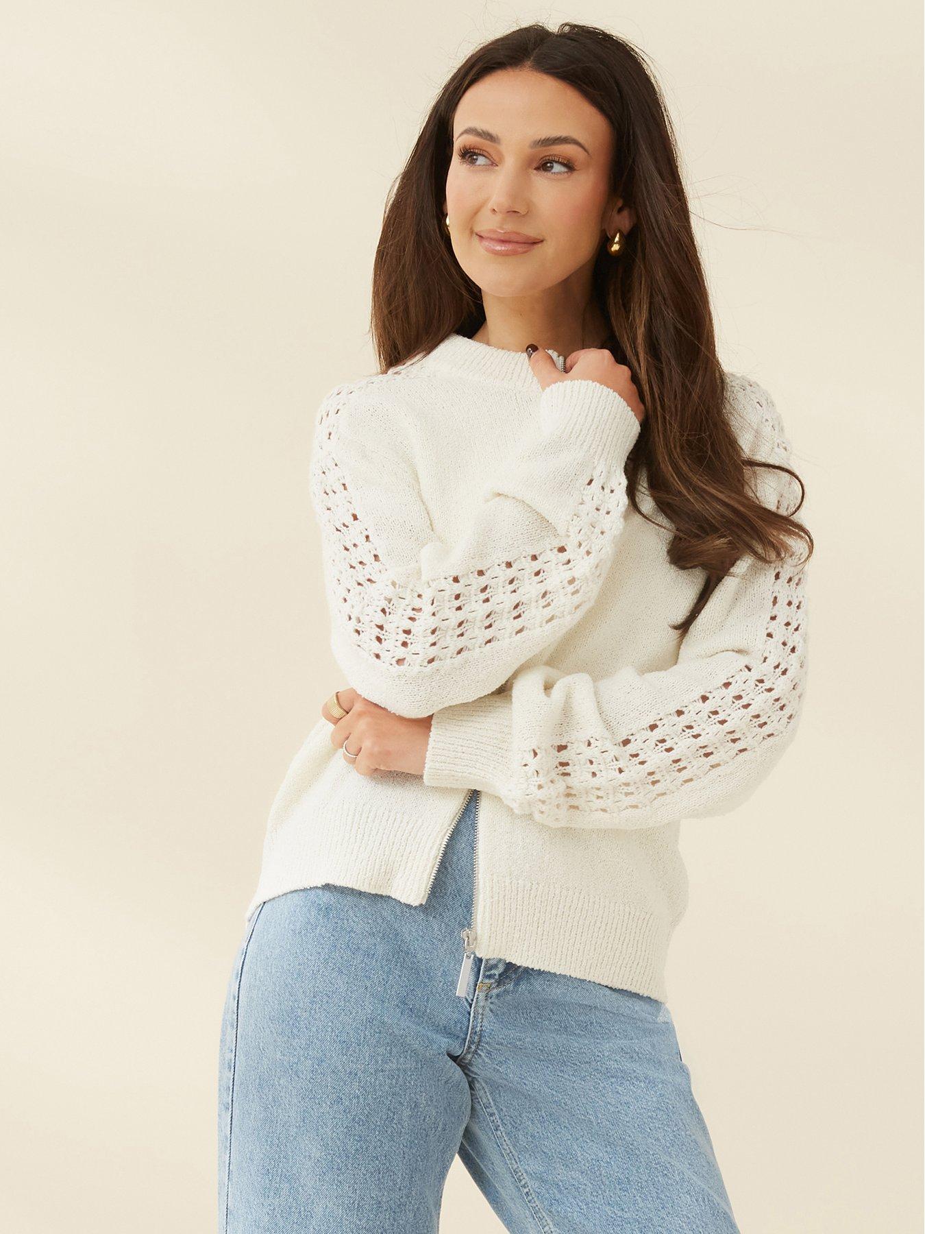 Button Up Pointelle Sleeve Pom-Pom Knit Cardigan in Ivory