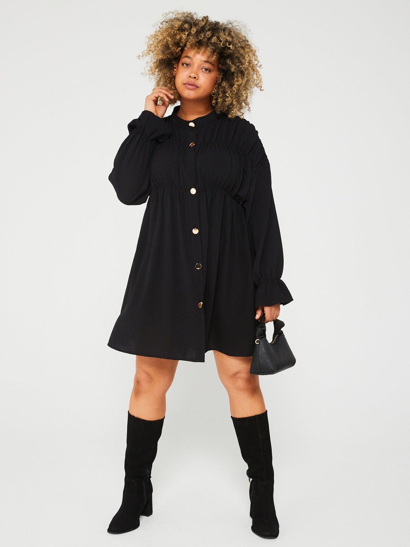 ax-paris-curve-black-long-sleeve-gathered-detail-button-front-dress