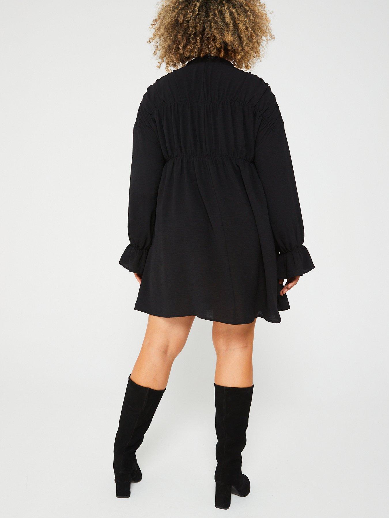 ax-paris-curve-black-long-sleeve-gathered-detail-button-front-dressstillFront