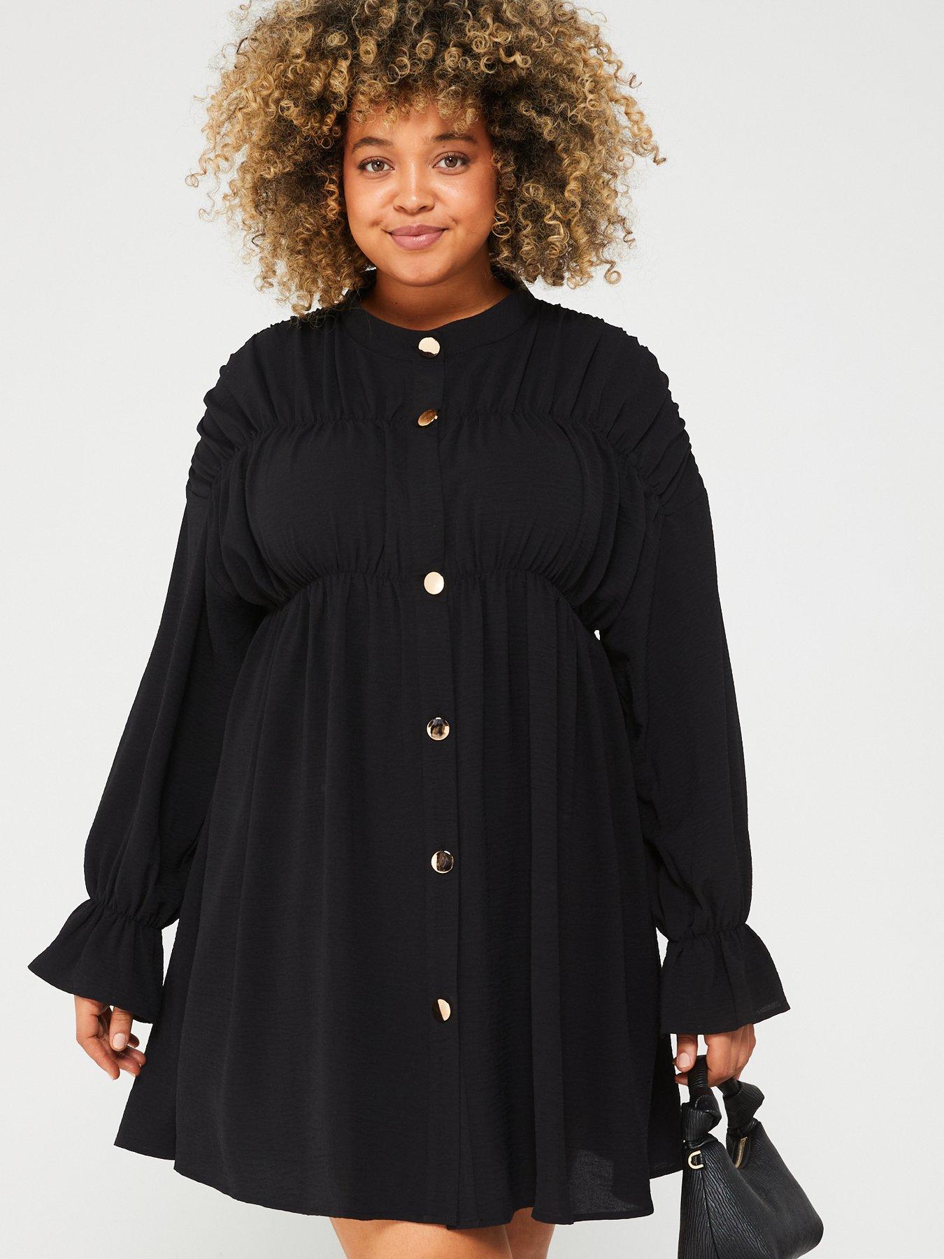 ax-paris-curve-black-long-sleeve-gathered-detail-button-front-dressback