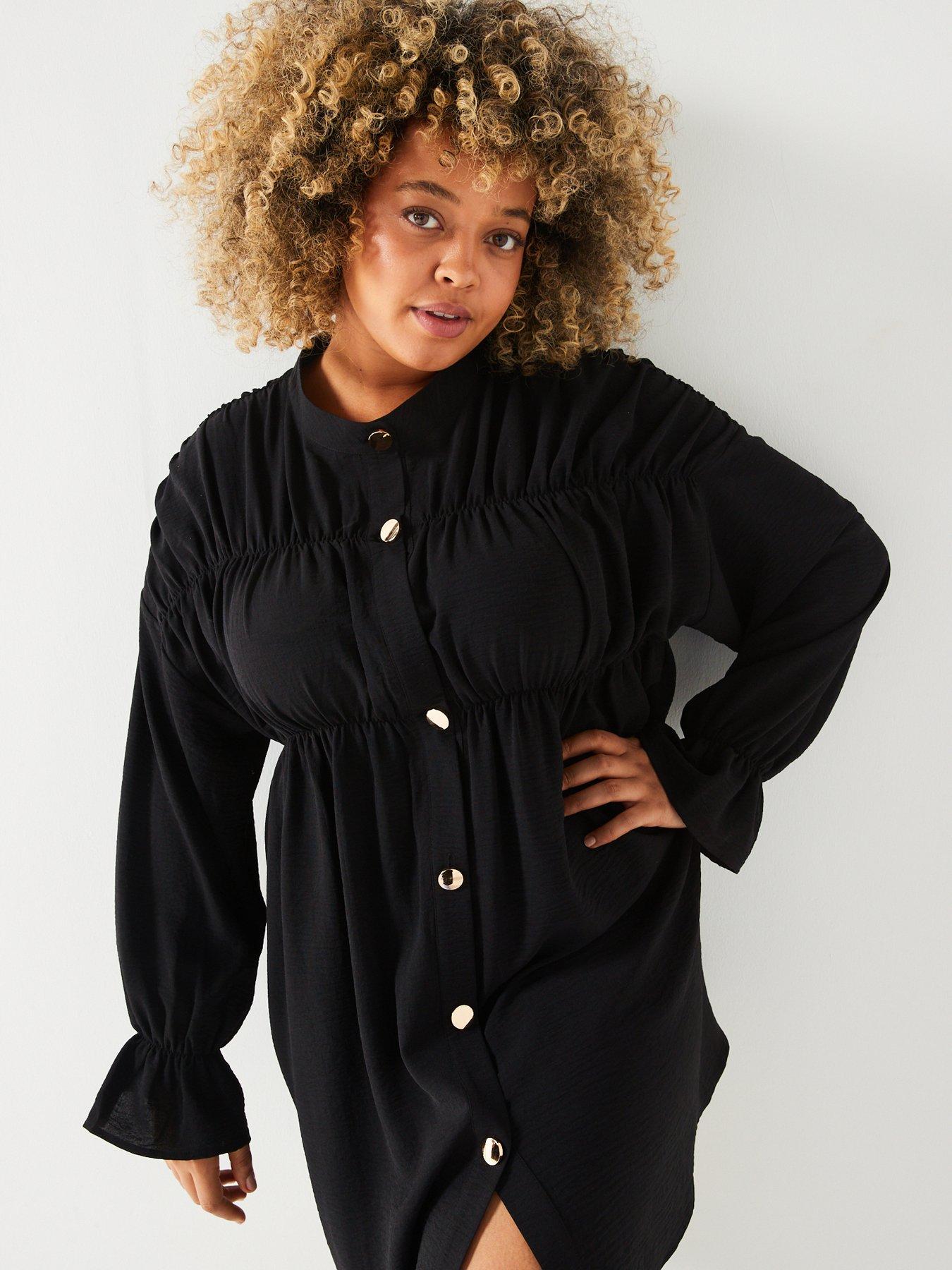 ax-paris-curve-black-long-sleeve-gathered-detail-button-front-dressoutfit