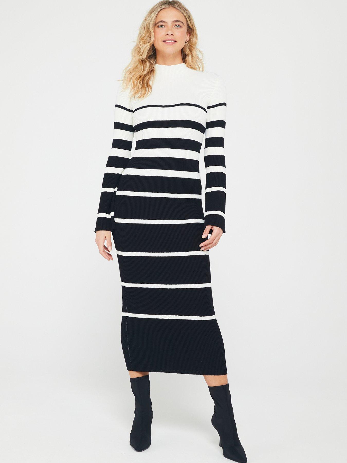 everyday-high-neck-stripe-knitted-midi-dress-black-and-ivoryfront