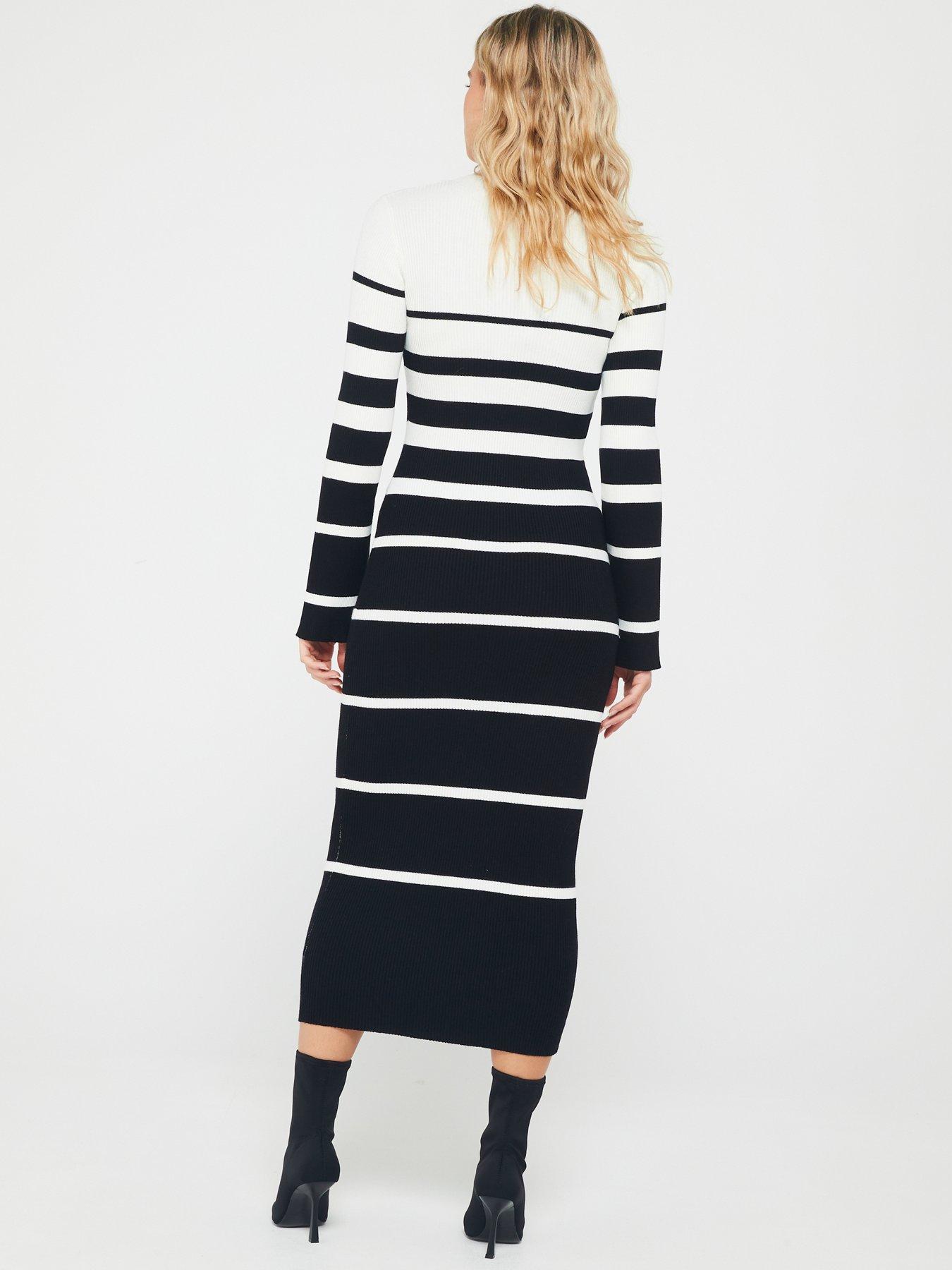 everyday-high-neck-stripe-knitted-midi-dress-black-and-ivorystillFront