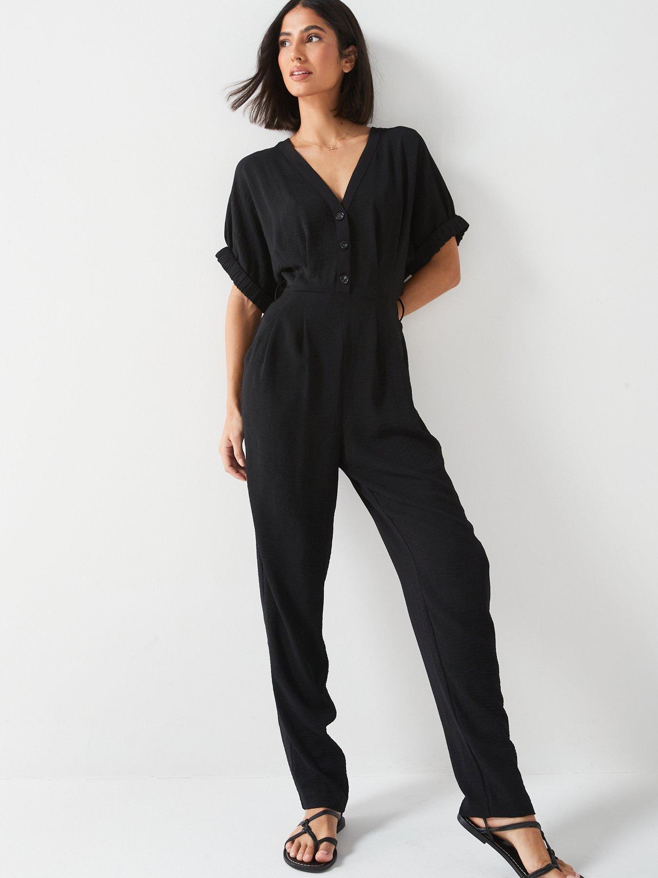 v-by-very-dolman-button-thru-jumpsuit-blackfront