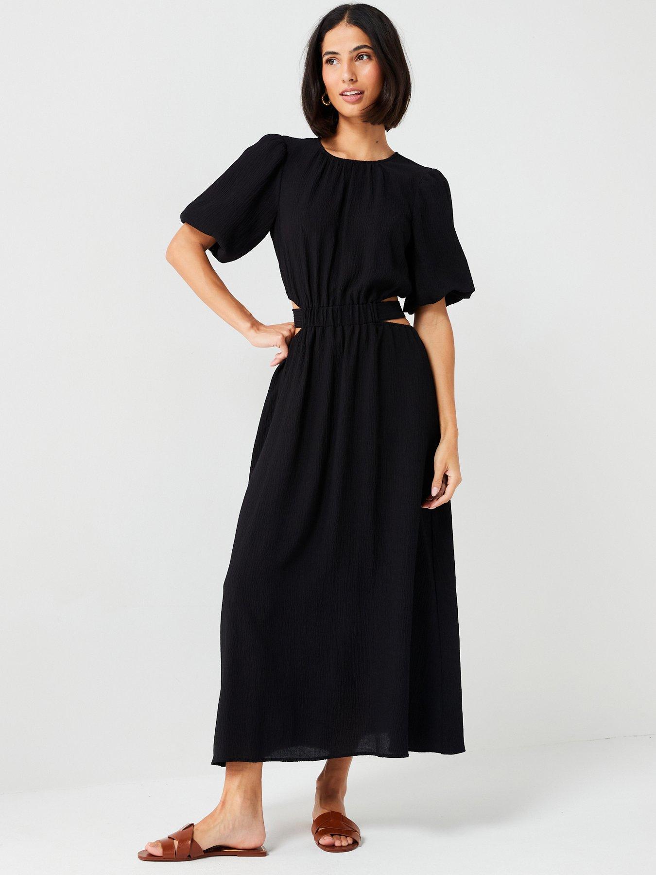 v-by-very-puff-sleeve-cut-out-textured-midaxi-dress-blackfront