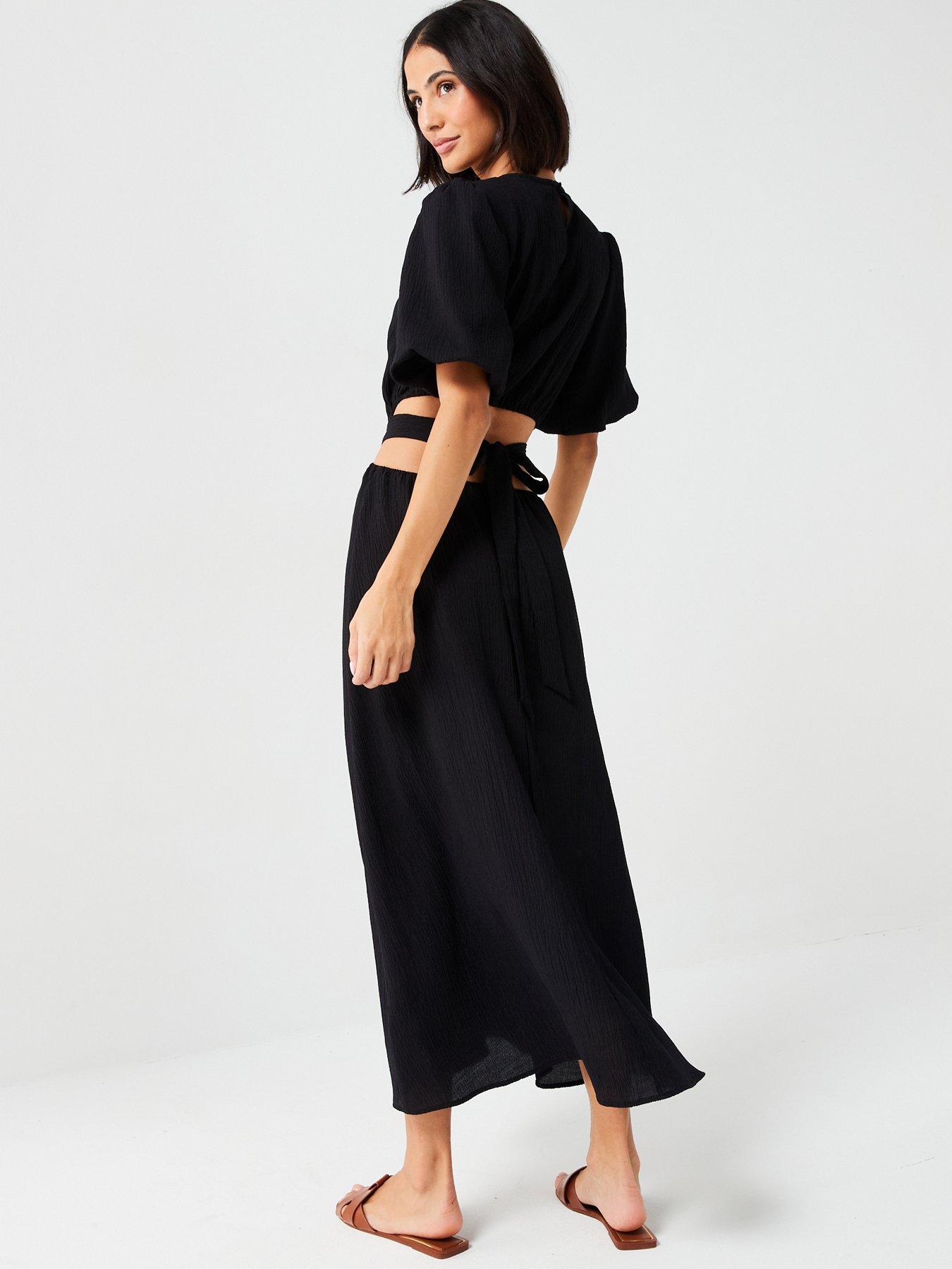 v-by-very-puff-sleeve-cut-out-textured-midaxi-dress-blackstillFront