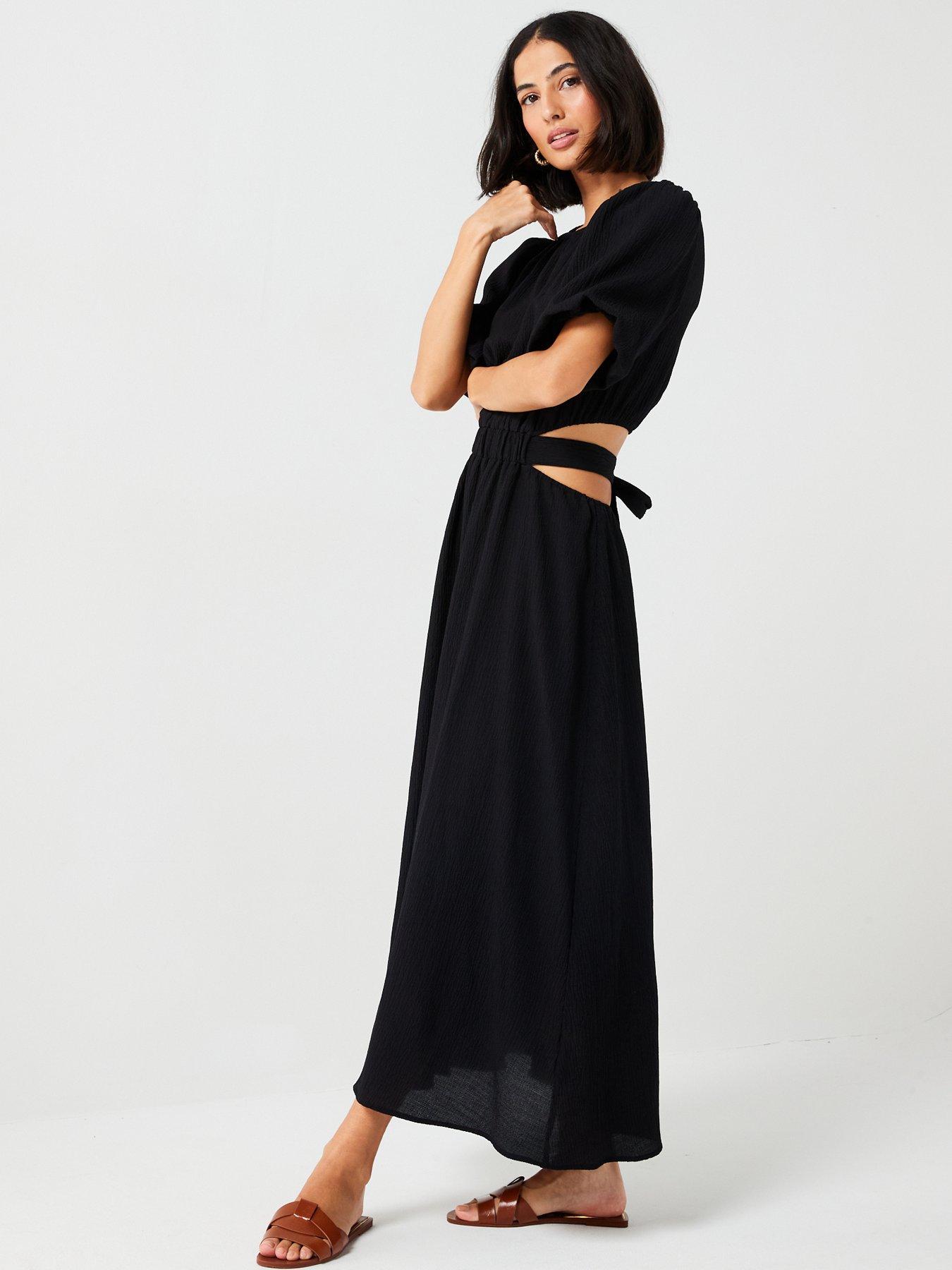 v-by-very-puff-sleeve-cut-out-textured-midaxi-dress-blackback