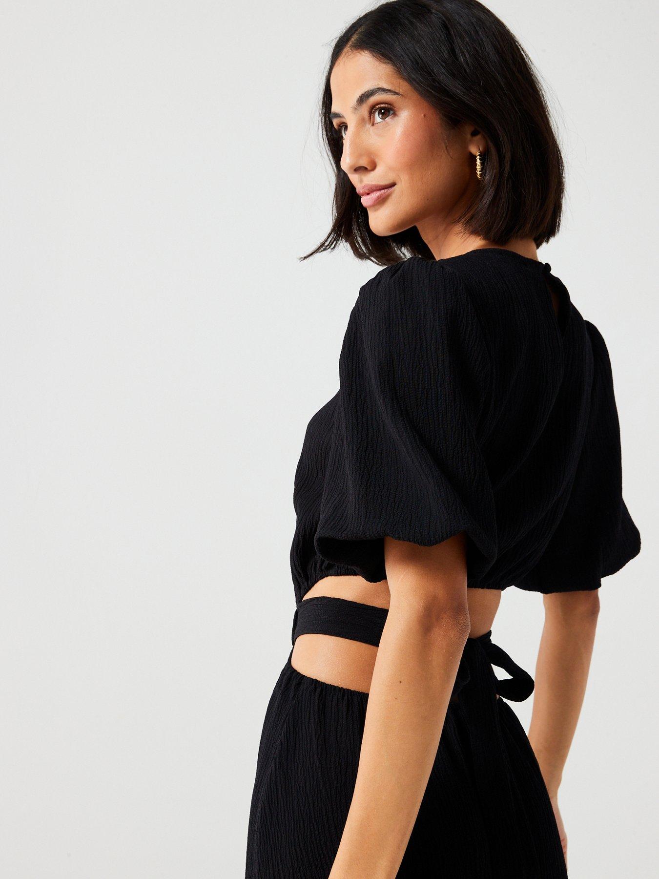 v-by-very-puff-sleeve-cut-out-textured-midaxi-dress-blackdetail