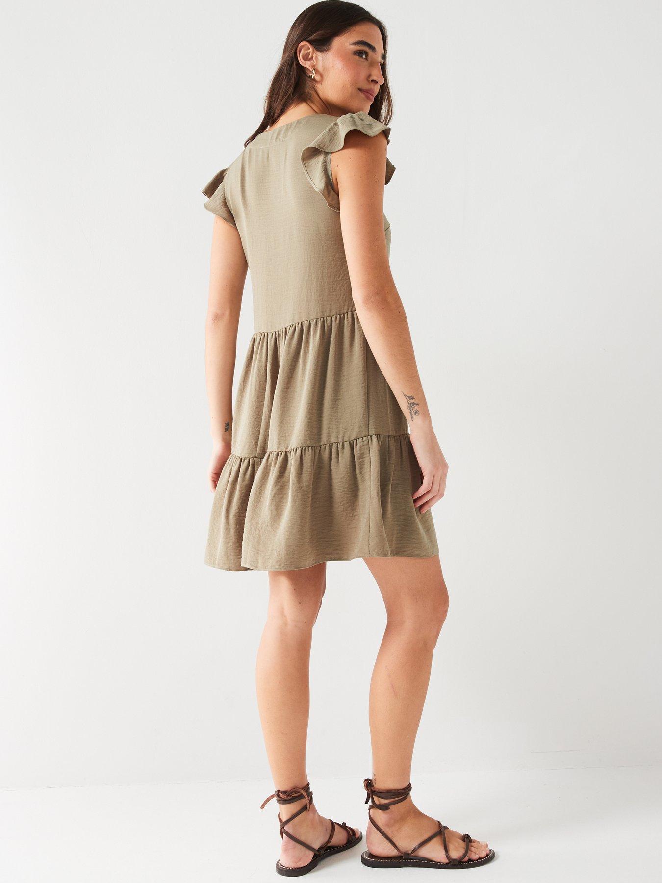 everyday-frill-sleeve-button-throughnbspmini-dress-khakistillFront