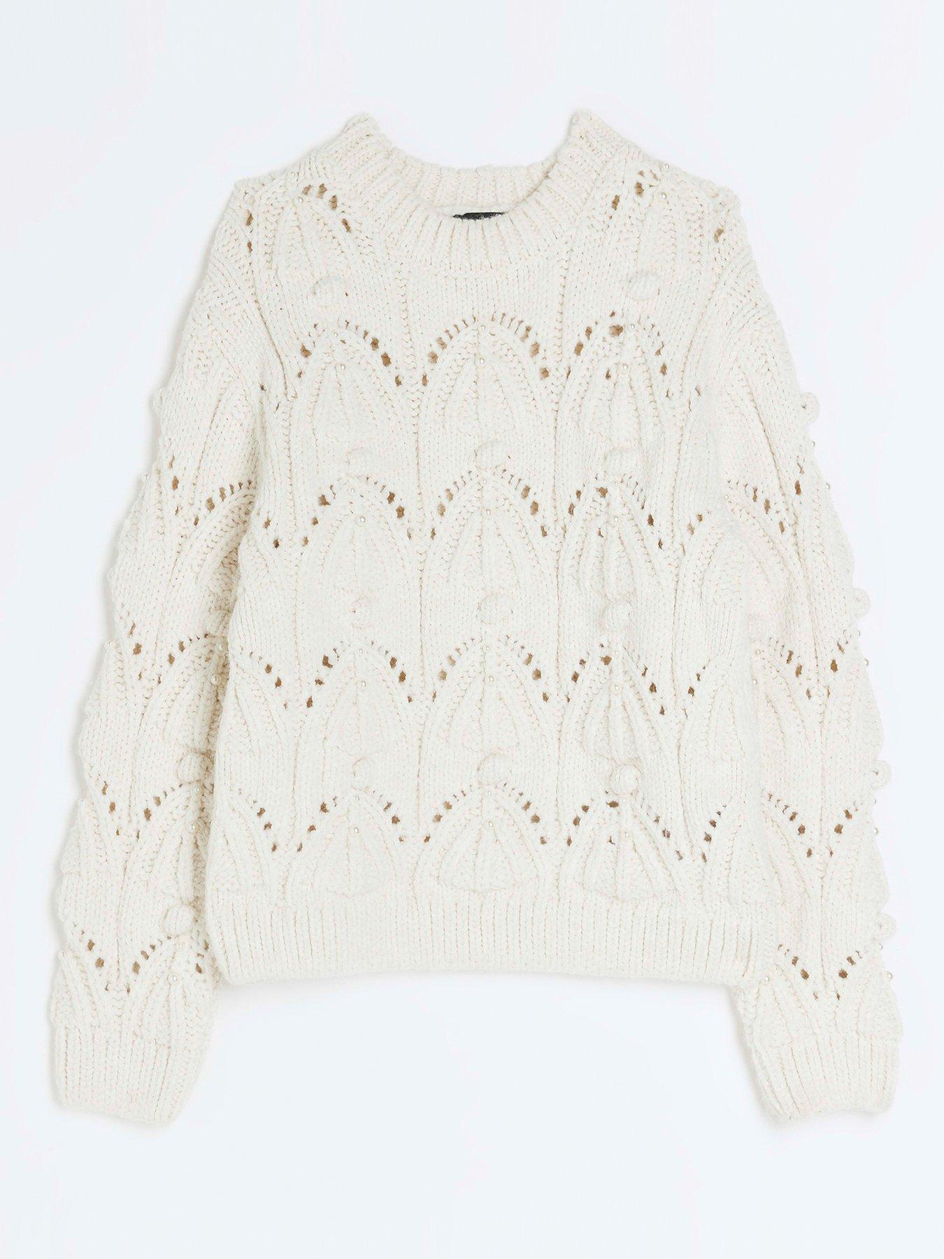 Cream Pointelle Pearl Embellished Jumper