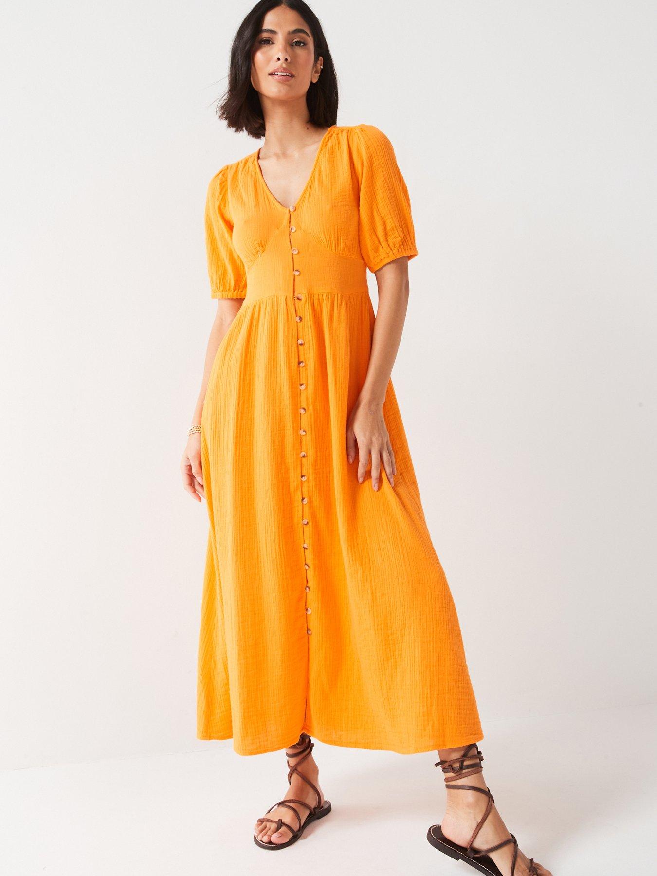 v-by-very-puff-sleeve-seersucker-button-through-midaxi-dress-orange