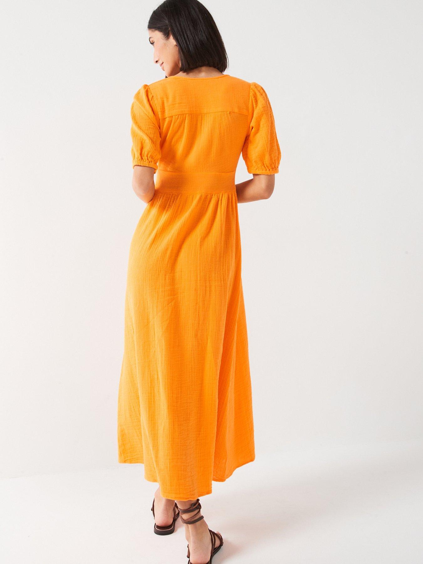 v-by-very-puff-sleeve-seersucker-button-through-midaxi-dress-orangestillFront