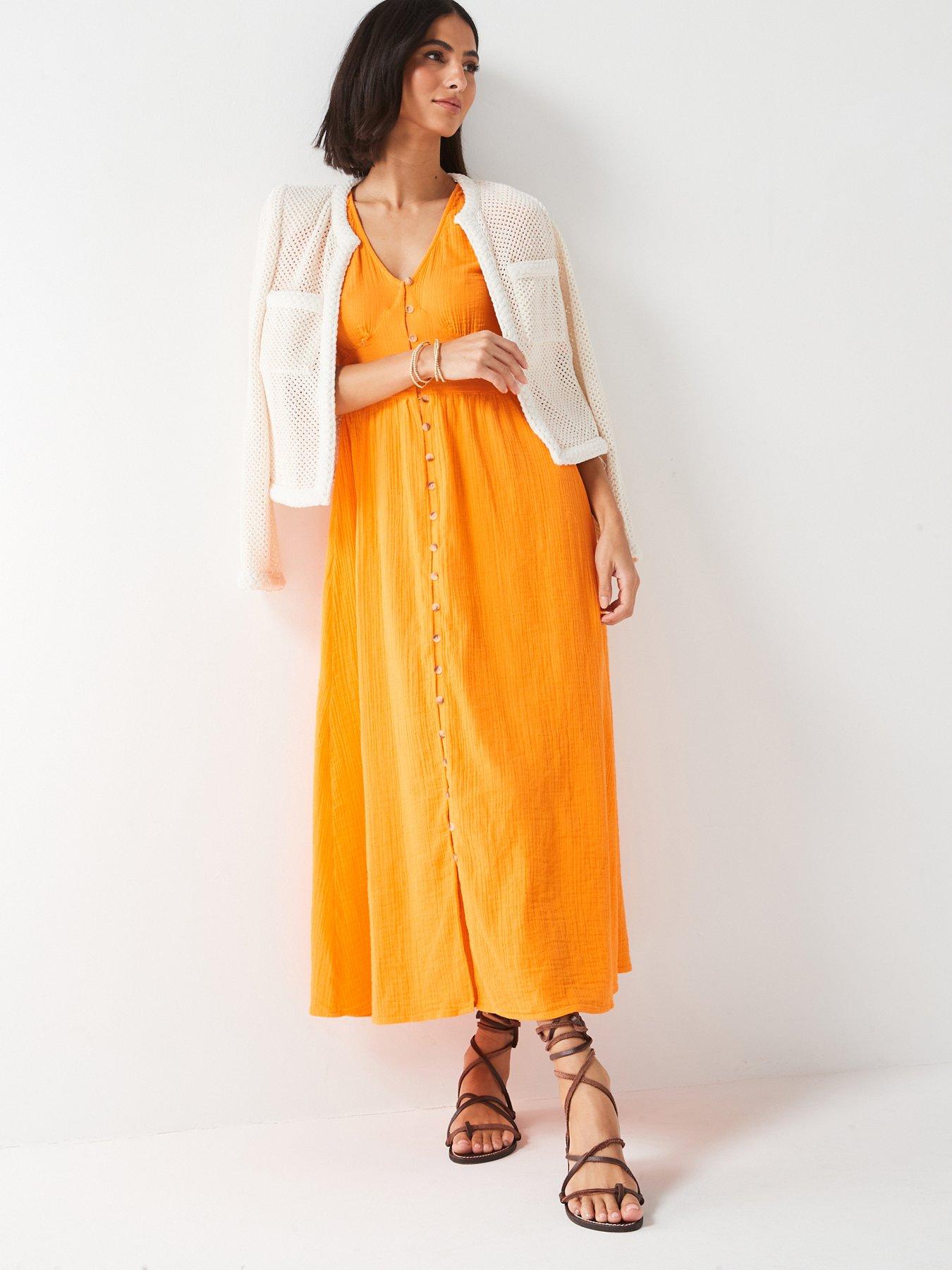 v-by-very-puff-sleeve-seersucker-button-through-midaxi-dress-orangedetail