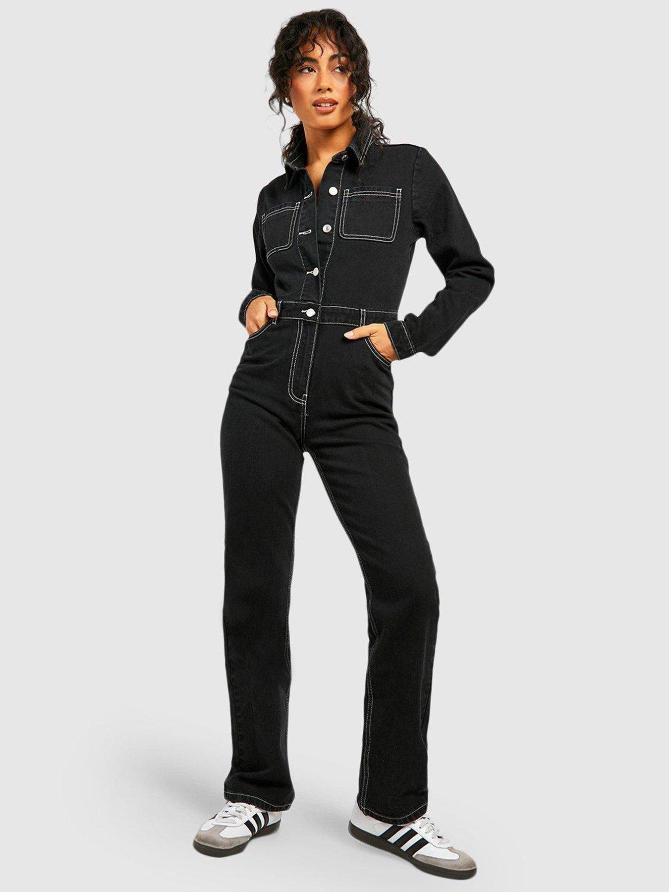 boohoo-contrast-stitch-denim-boiler-suit-black