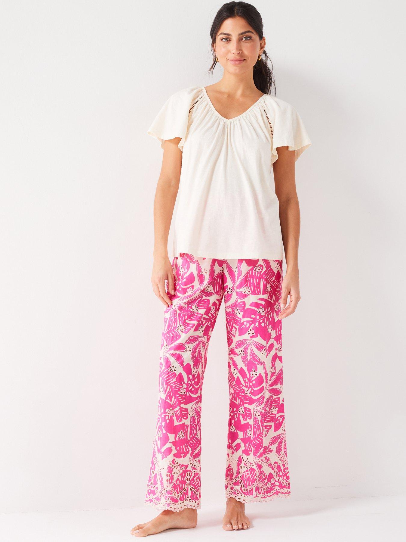 v-by-very-short-sleeve-flutter-sleeve-top-with-ladder-trim-detail-and-broiderie-trousers-pj-set-pink