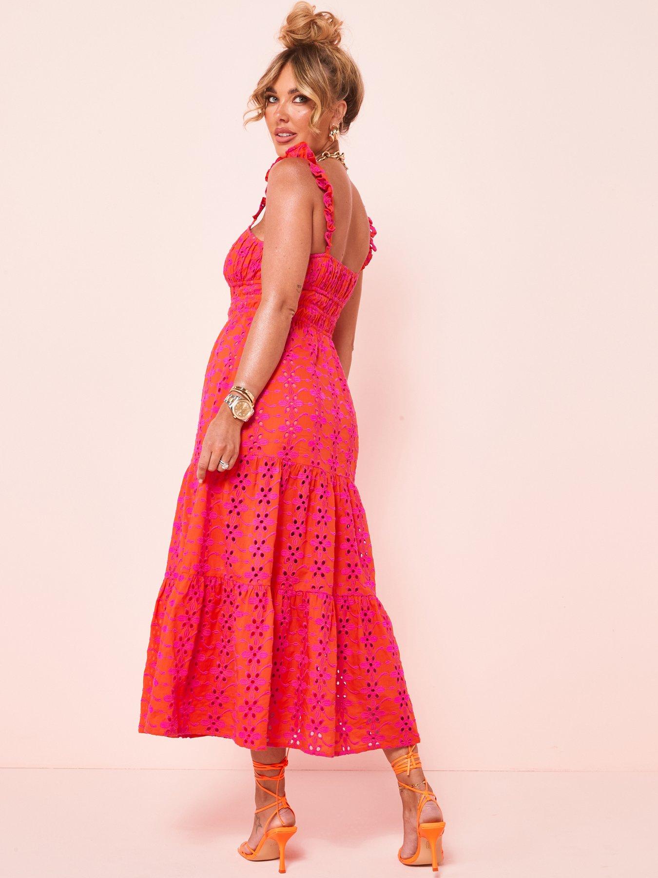 Image 3 of 6 of V by Very X Tara Maynard&nbsp;Broderie Frill Sleeve Midi Dress - Pink/Orange