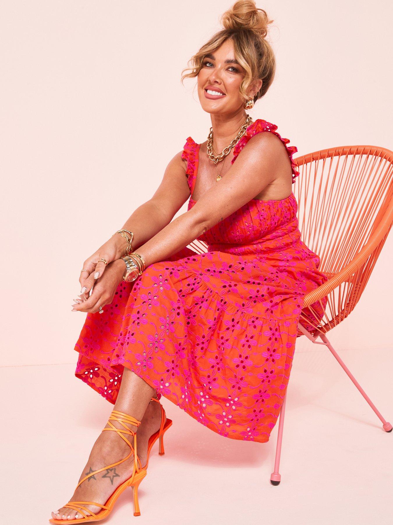 Image 4 of 6 of V by Very X Tara Maynard&nbsp;Broderie Frill Sleeve Midi Dress - Pink/Orange