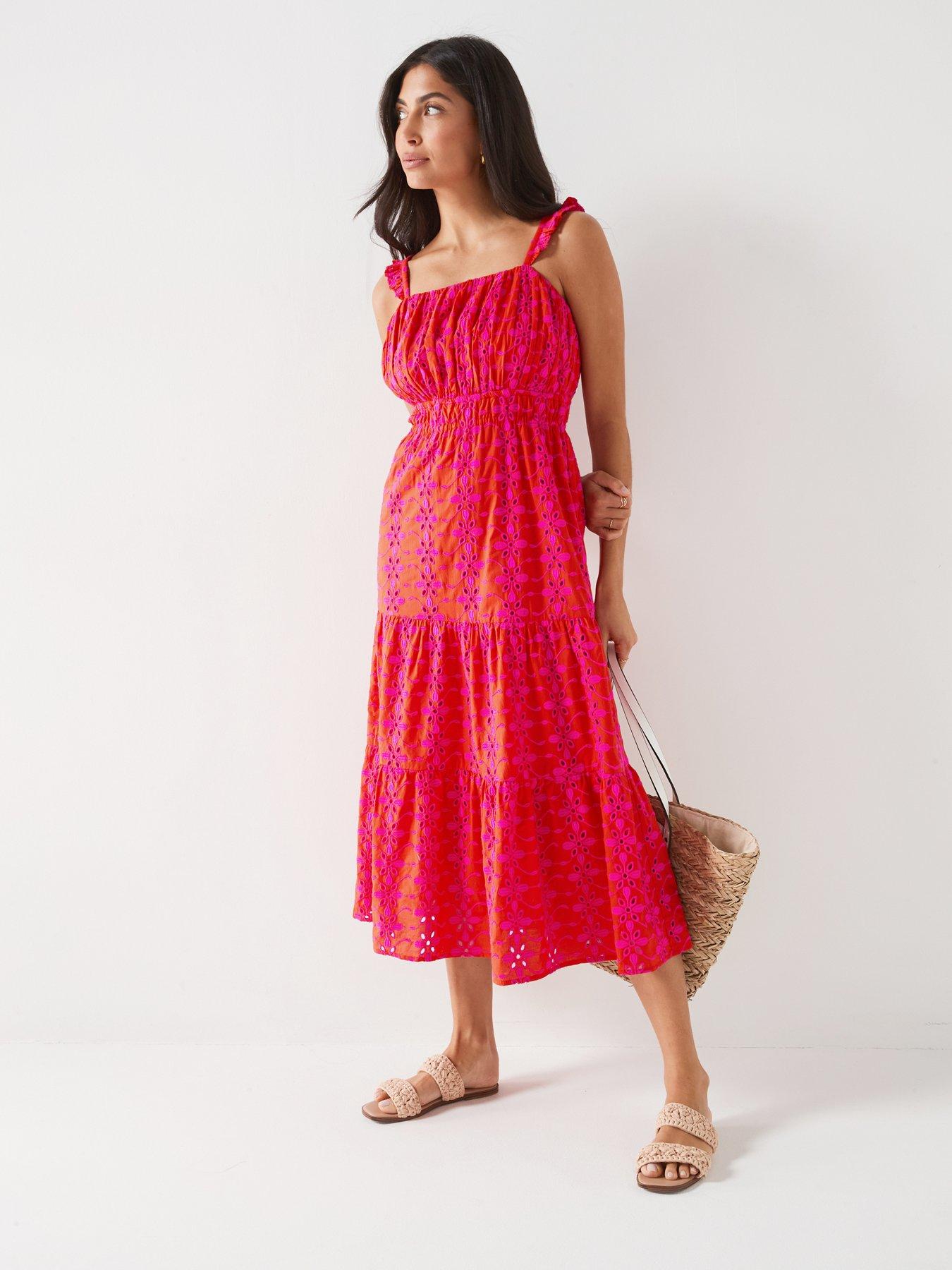 Image 5 of 6 of V by Very X Tara Maynard&nbsp;Broderie Frill Sleeve Midi Dress - Pink/Orange