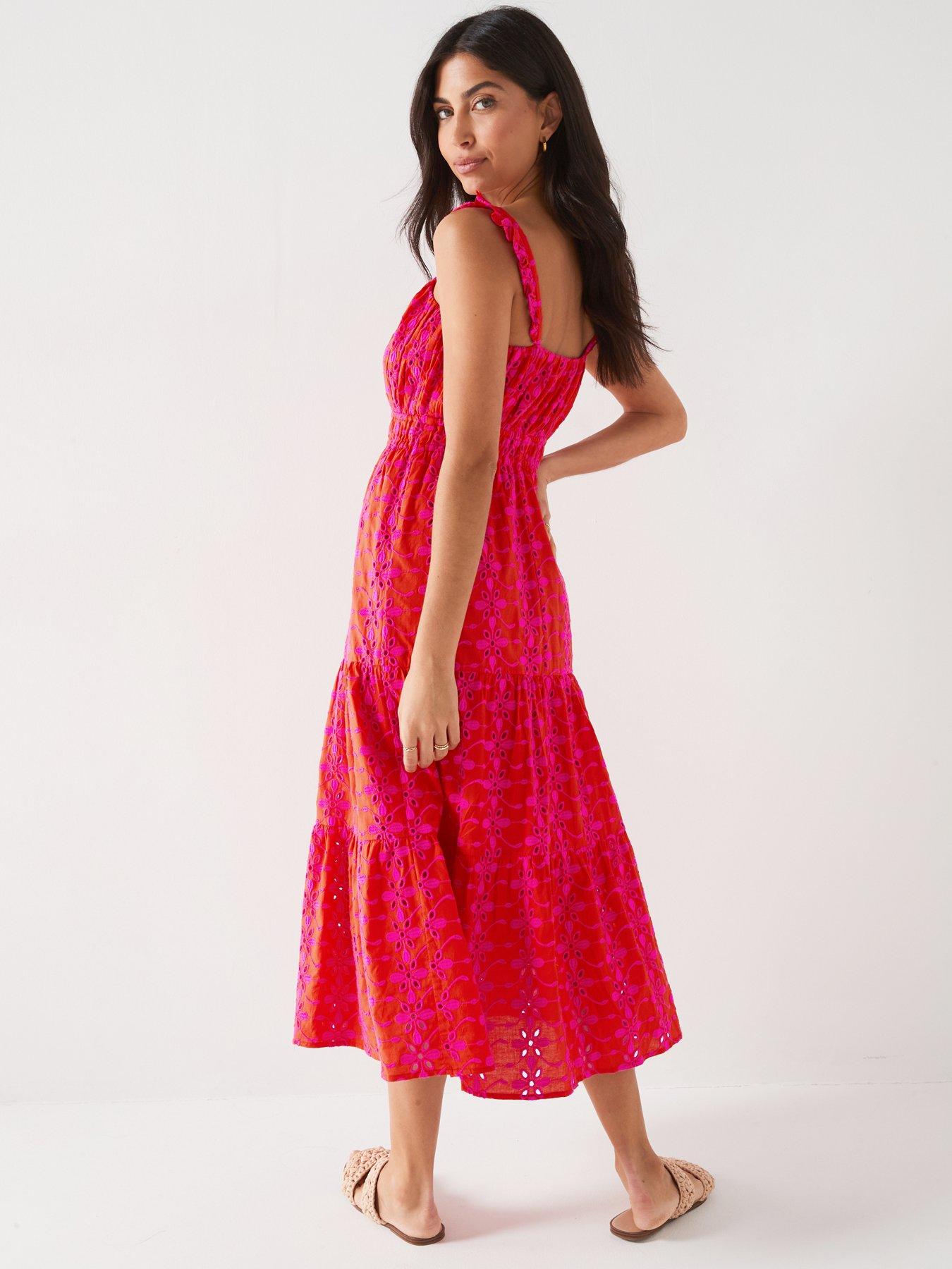 Image 6 of 6 of V by Very X Tara Maynard&nbsp;Broderie Frill Sleeve Midi Dress - Pink/Orange