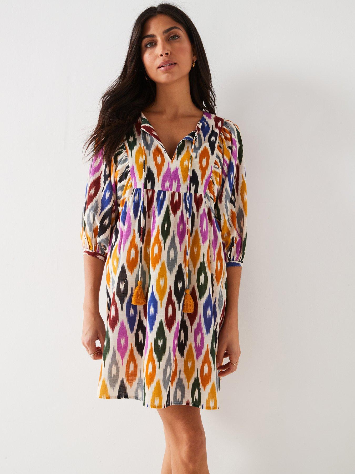 v-by-very-balloon-sleeve-printed-beach-dress-multi