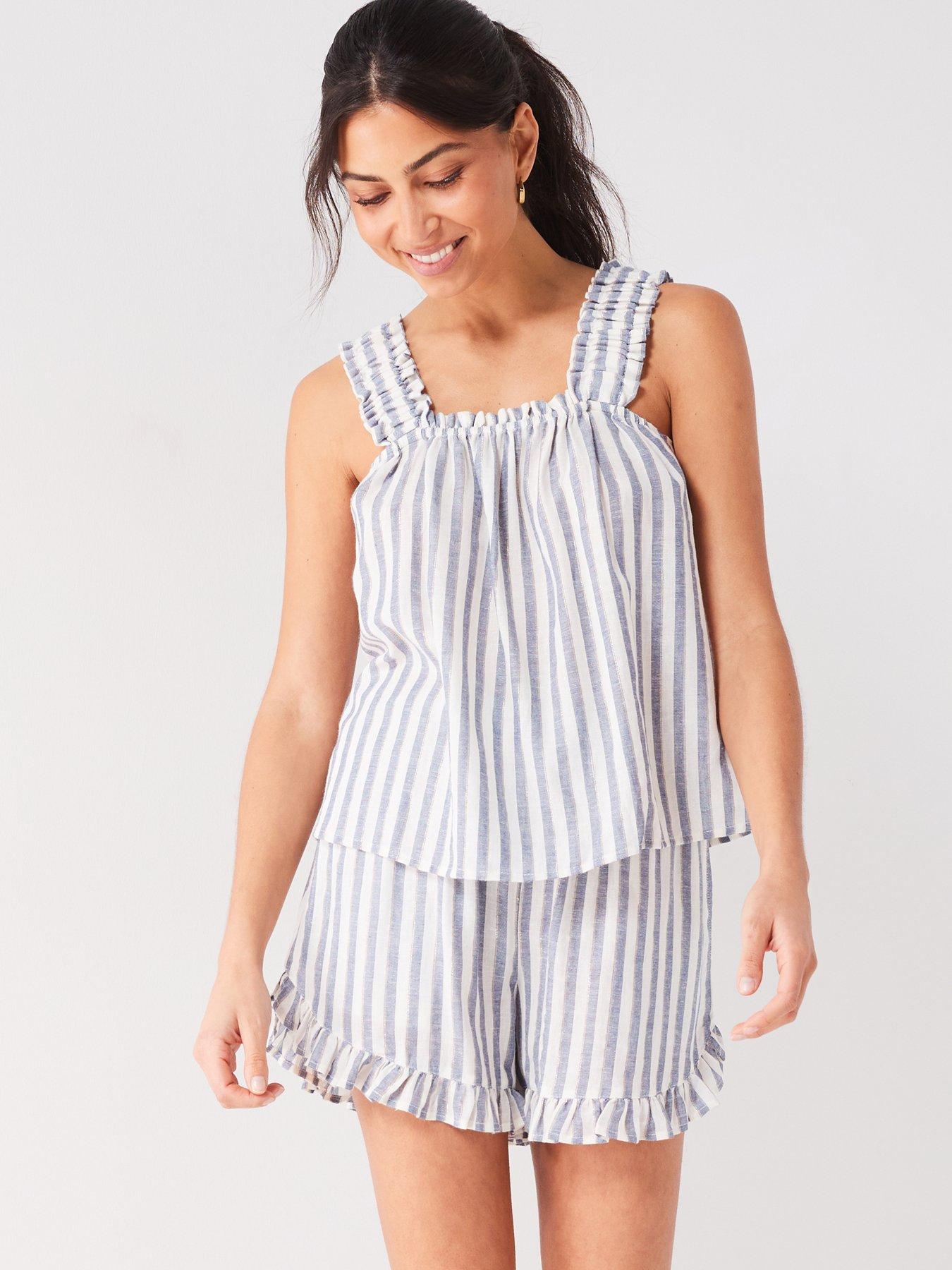 v-by-very-frill-sleeve-lurex-detail-short-pj-set-blue