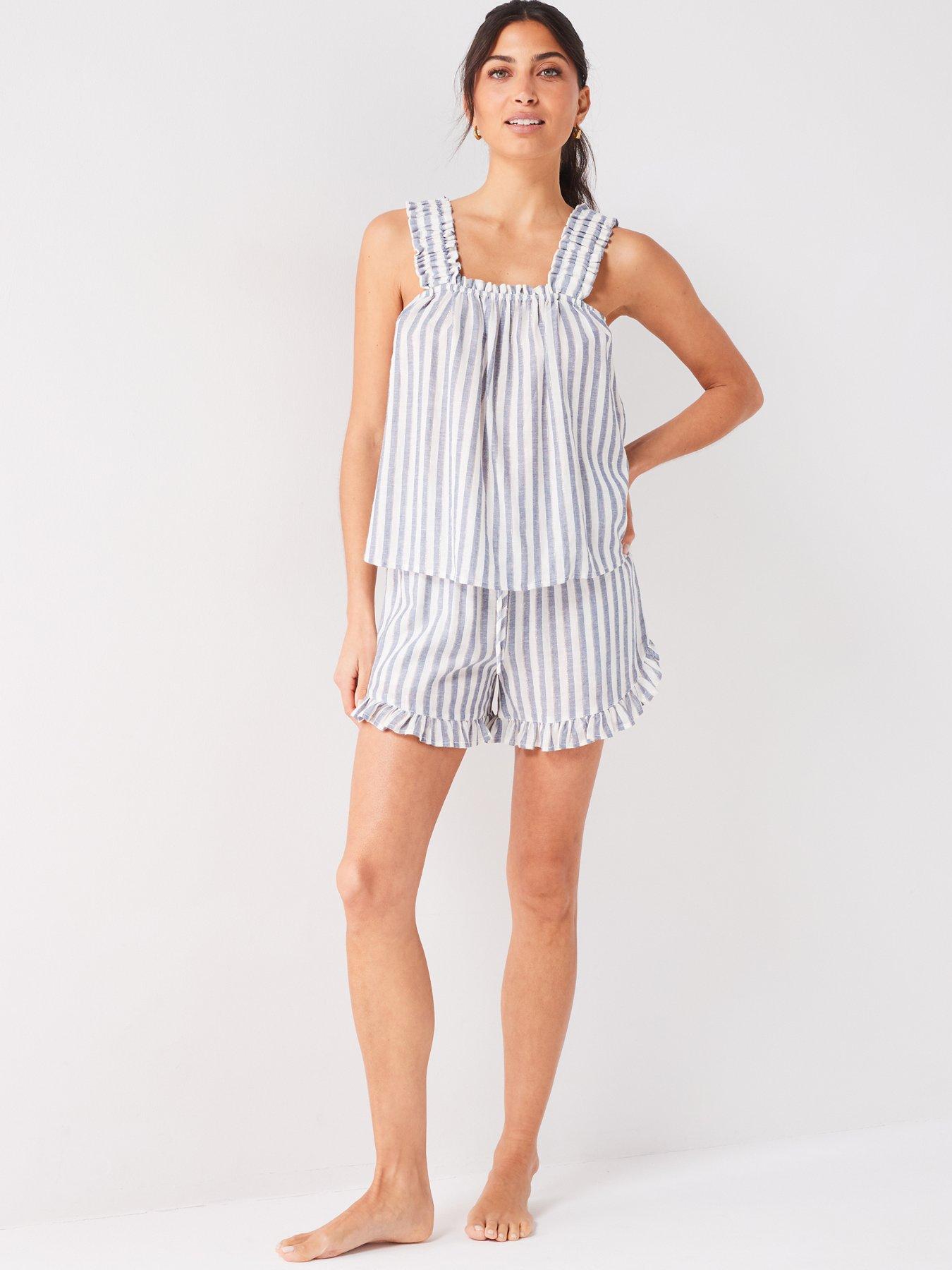 v-by-very-frill-sleeve-lurex-detail-short-pj-set-blueback