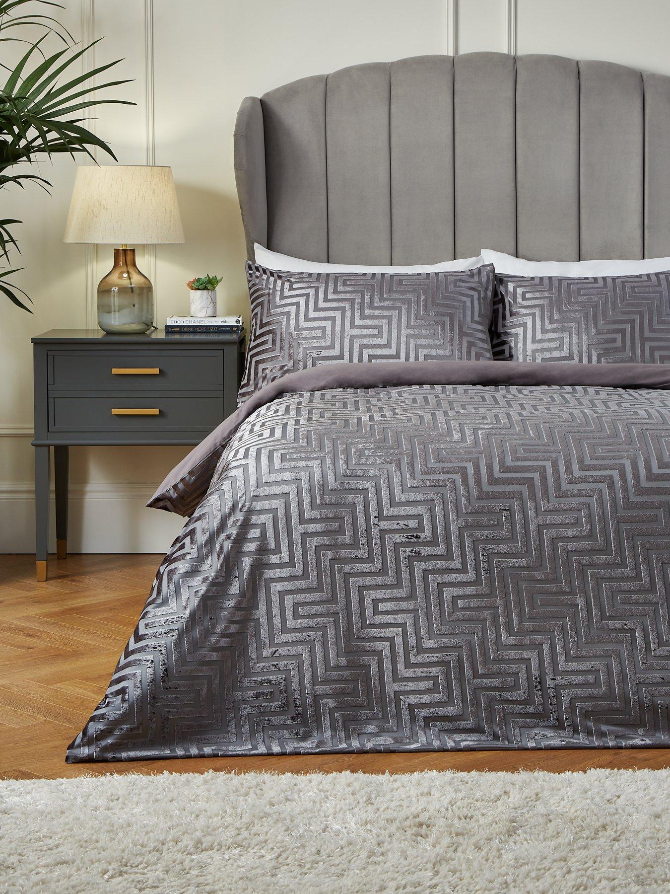 undefined Greek Key Velvet Duvet Cover Set - Charcoal