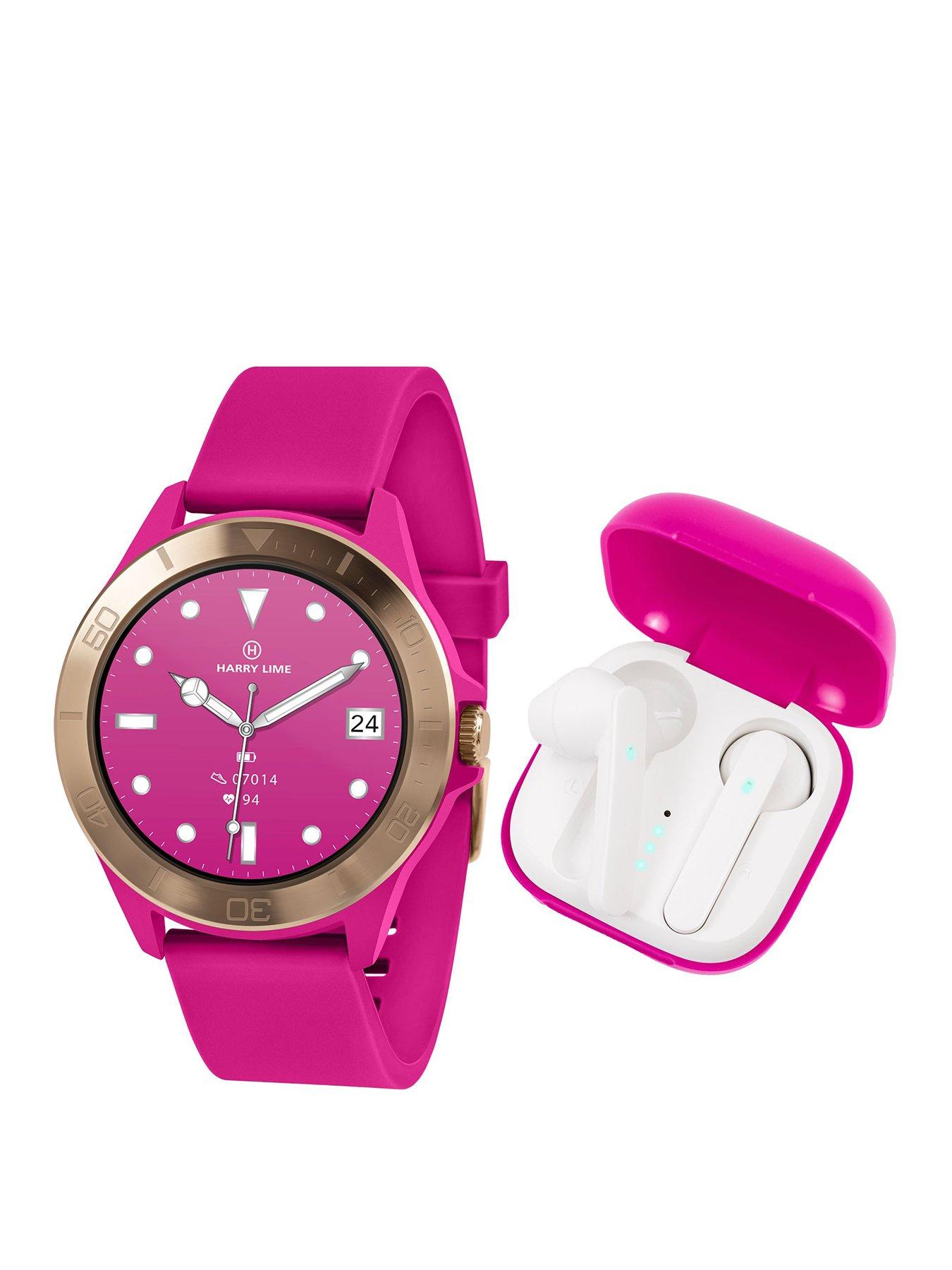 Image of Harry Lime Harry Lime Series 7 Pink Silicone Strap Smart Watch With Pink True Wireless Earphones in Charging Case
