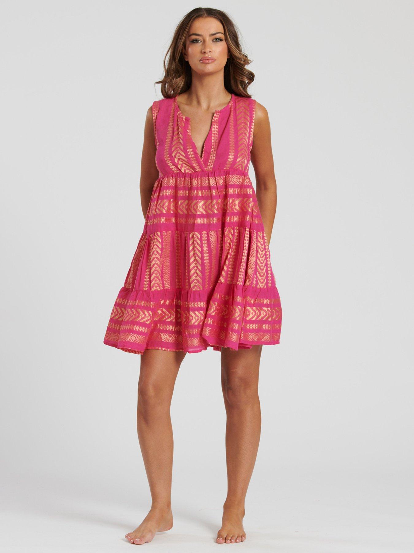 south-beach-metallic-jaquard-sleeveless-tiered-knee-length-dress-pink