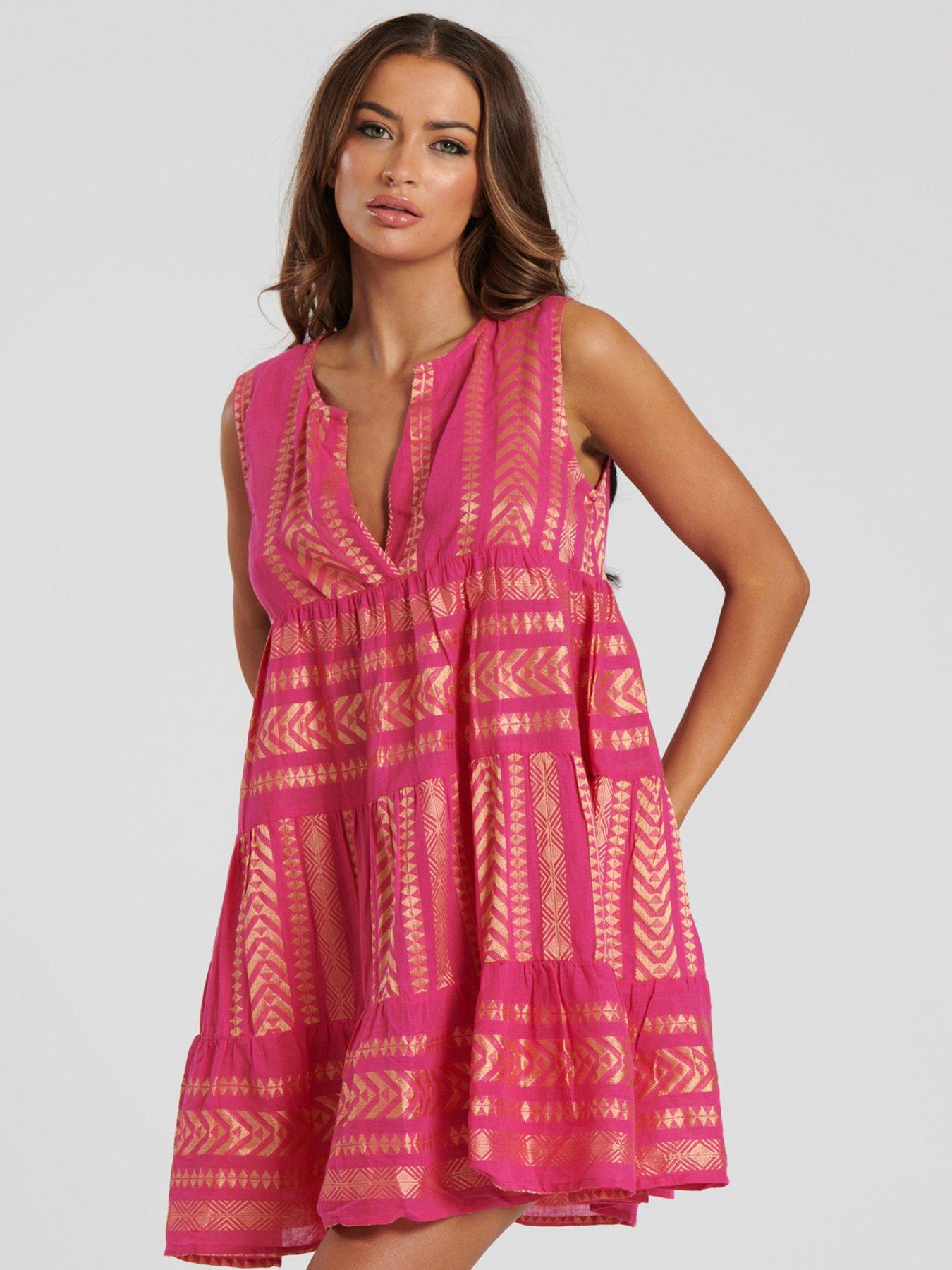 south-beach-metallic-jaquard-sleeveless-tiered-knee-length-dress-pinkback