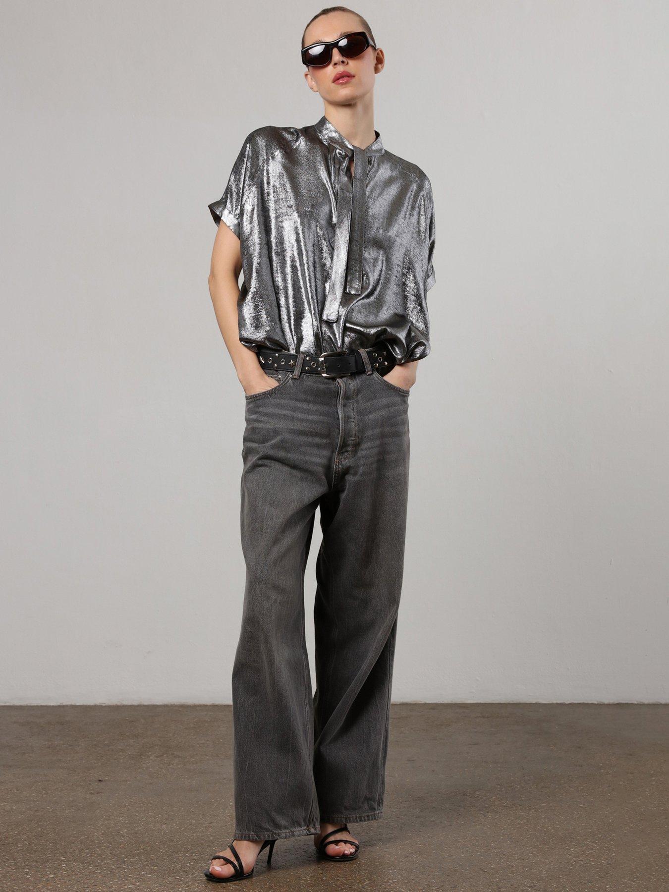 religion-silver-foil-oversized-fold-blouse-silver