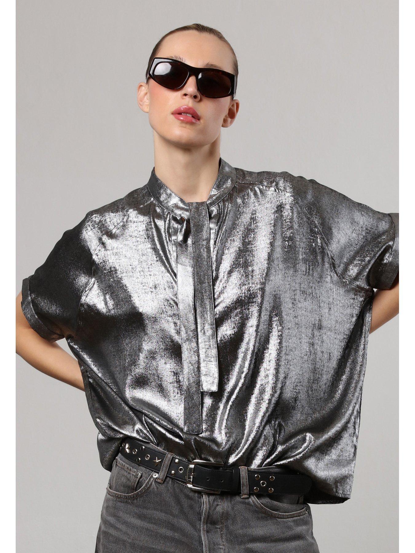 religion-silver-foil-oversized-fold-blouse-silverstillFront