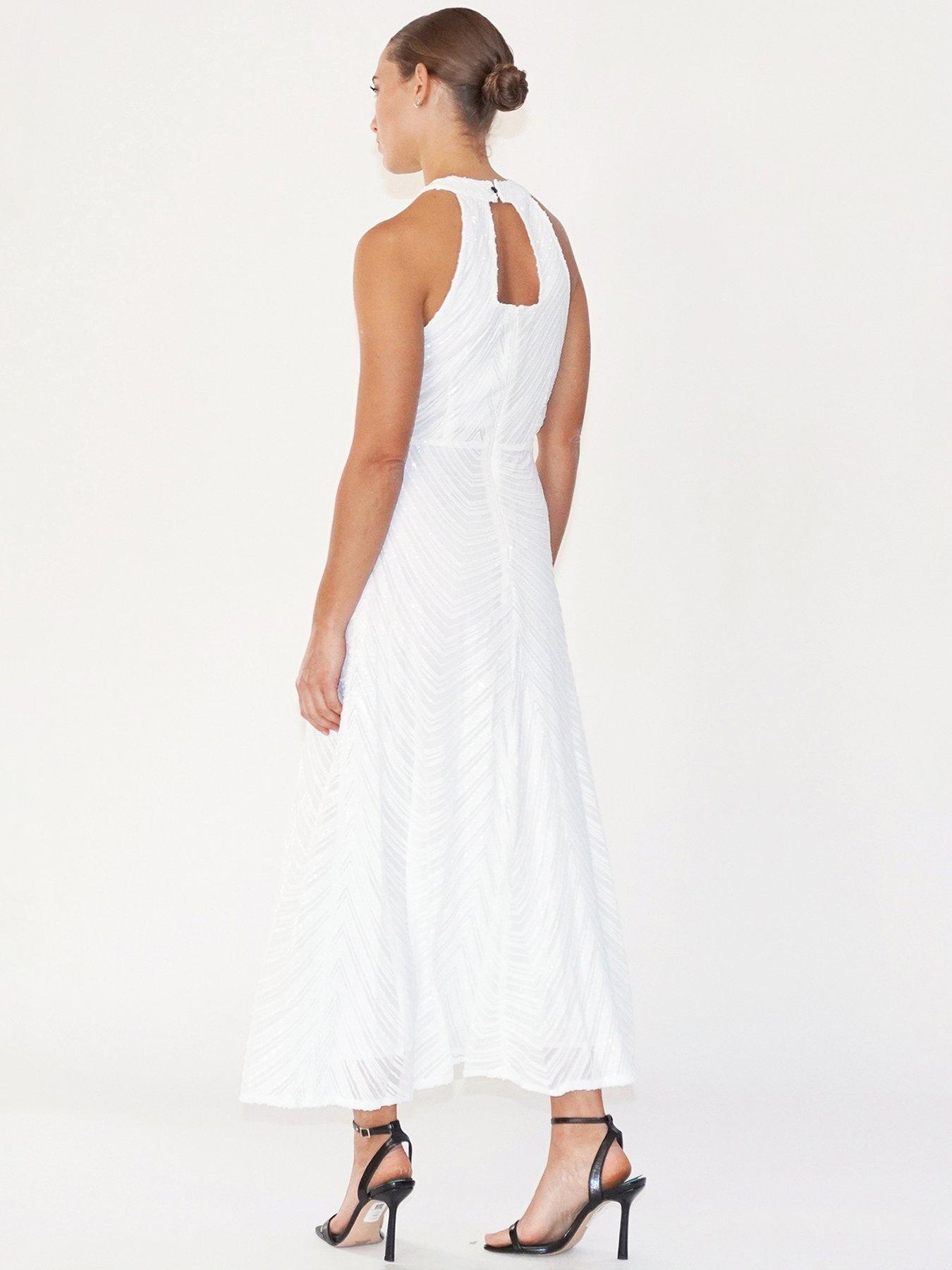 slim fit dress slacks White Sleeveless High Neck Beaded Midi Sheath Dress