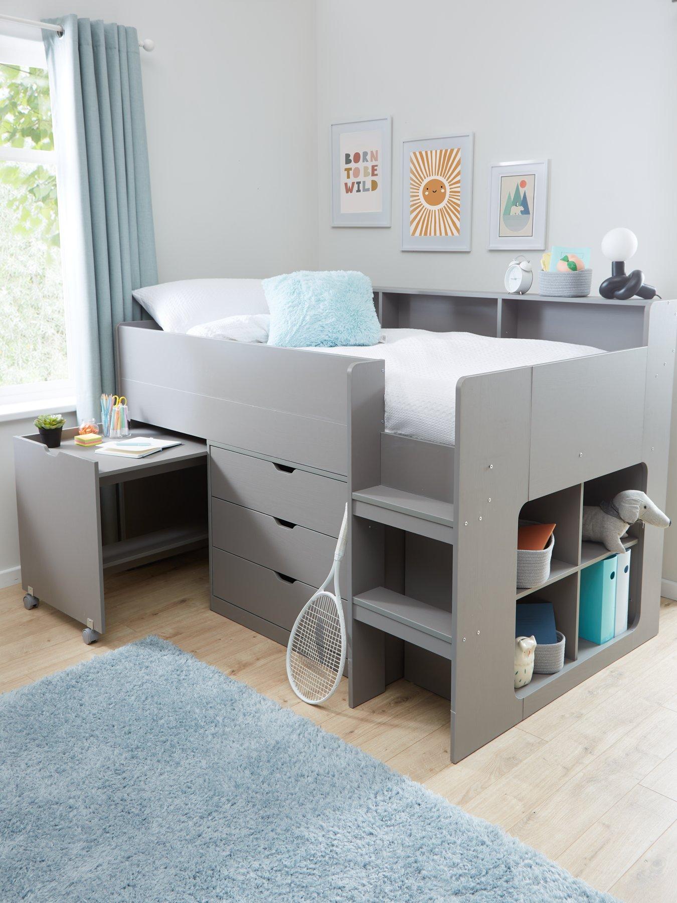 The Very Collection Aspen Mid Sleeper Bed Frame with Desk, Drawers and Shelves plus Mattress Options (Buy and SAVE!) - Grey Oak Effect