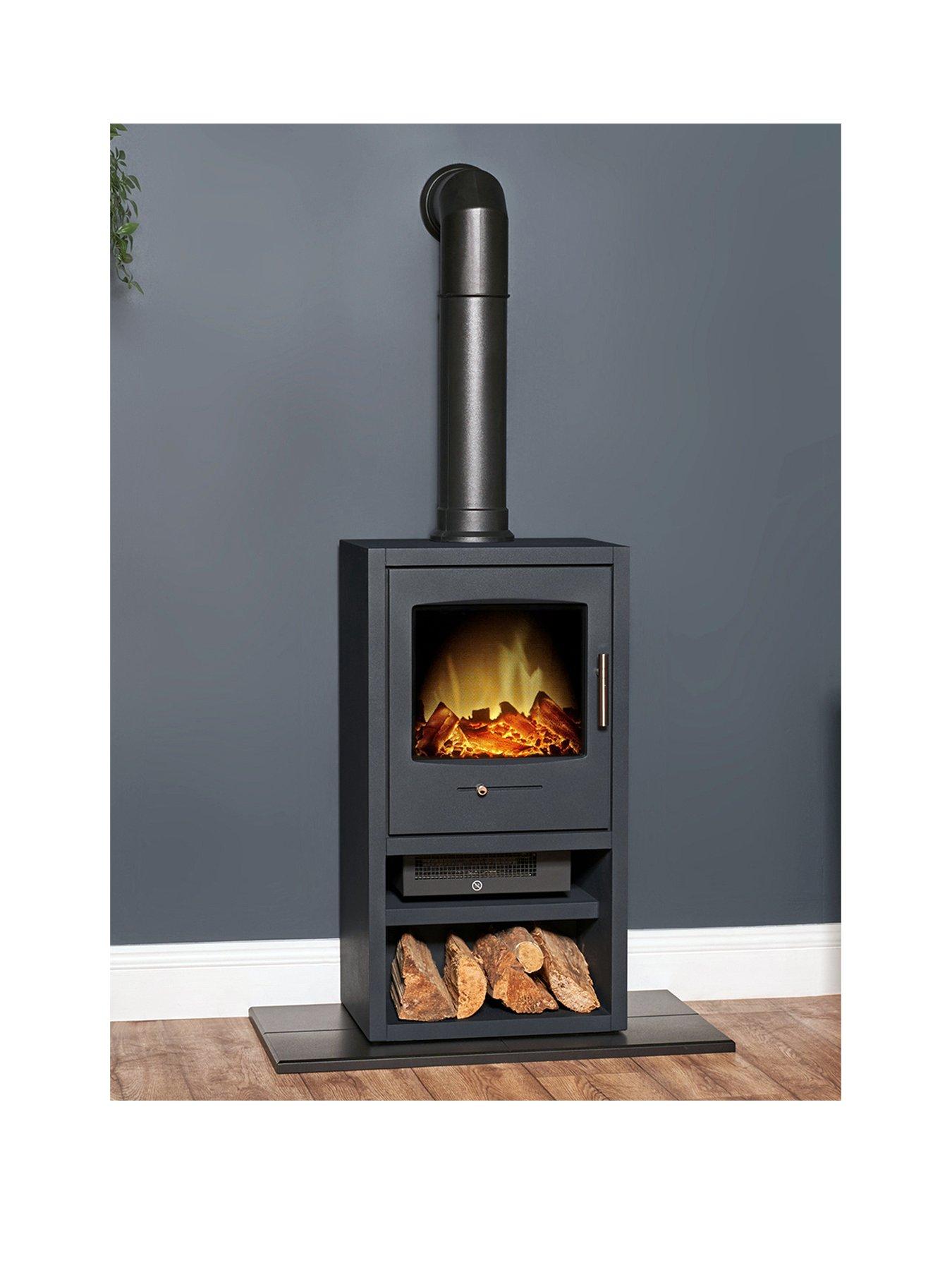 Image 1 of 6 of Adam Fires & Fireplaces Adam Bergen XL Electric Stove in Charcoal Grey with Tall Angled Stove Pipe in Black