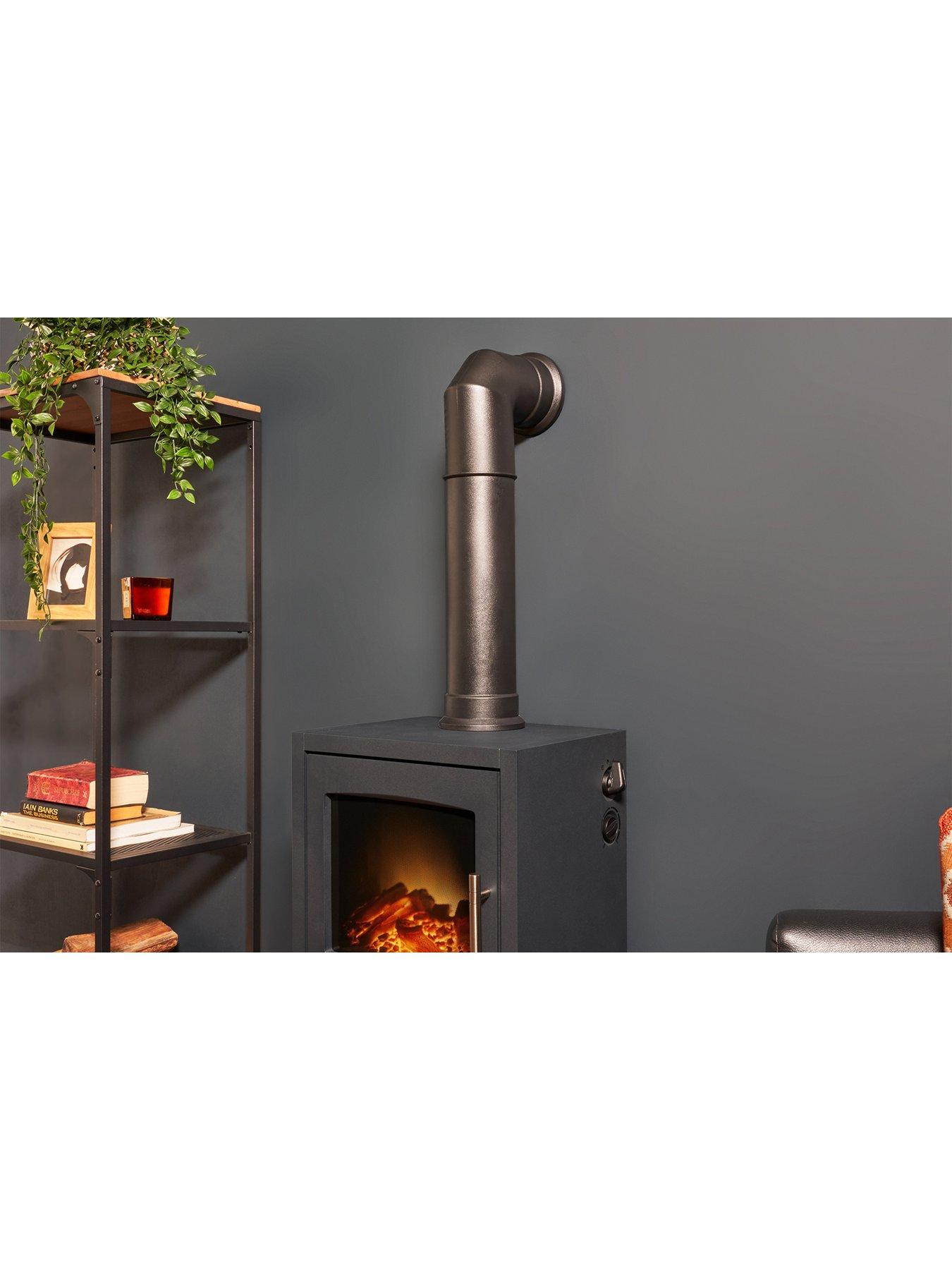 Image 2 of 6 of Adam Fires & Fireplaces Adam Bergen XL Electric Stove in Charcoal Grey with Tall Angled Stove Pipe in Black