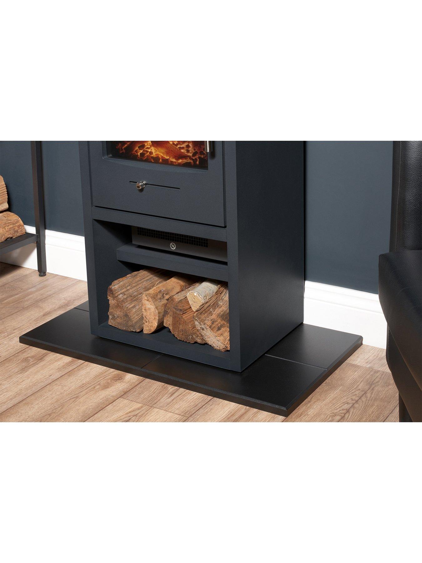 Image 3 of 6 of Adam Fires & Fireplaces Adam Bergen XL Electric Stove in Charcoal Grey with Tall Angled Stove Pipe in Black