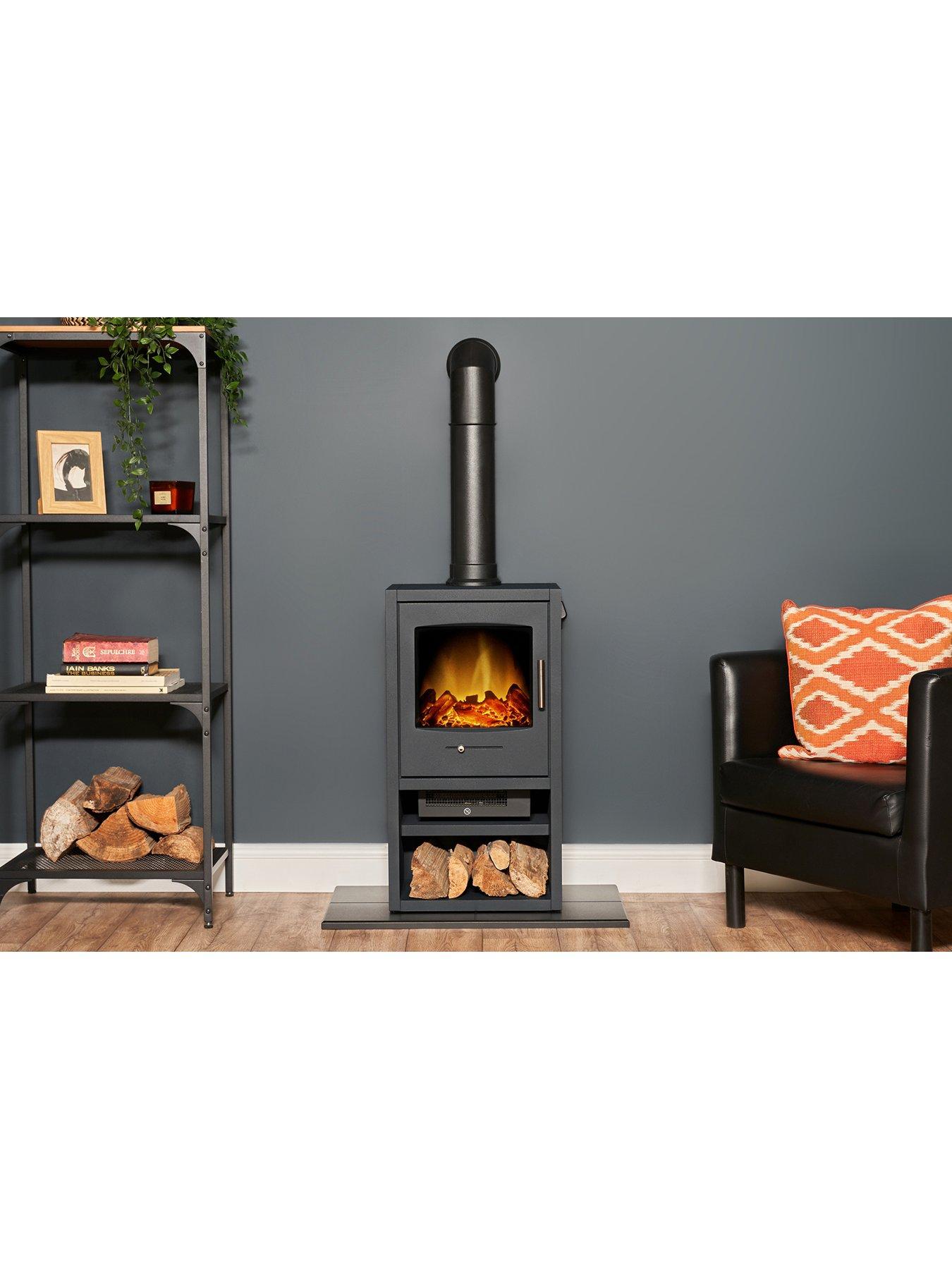 Image 4 of 6 of Adam Fires & Fireplaces Adam Bergen XL Electric Stove in Charcoal Grey with Tall Angled Stove Pipe in Black