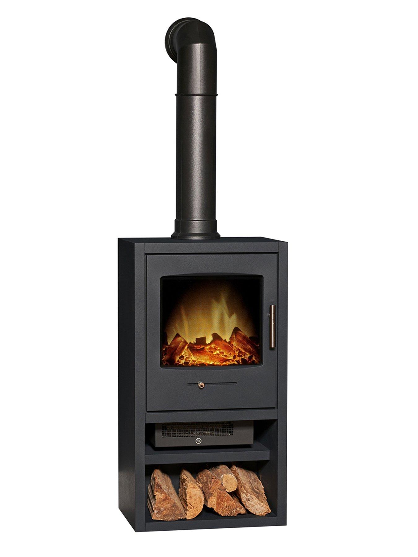 Image 5 of 6 of Adam Fires & Fireplaces Adam Bergen XL Electric Stove in Charcoal Grey with Tall Angled Stove Pipe in Black