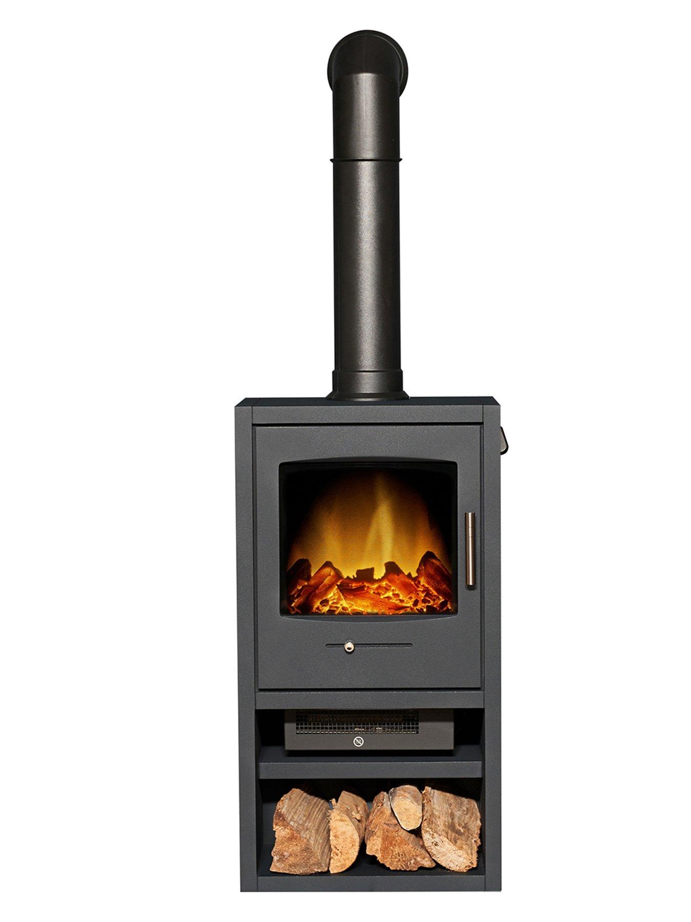 Image 6 of 6 of Adam Fires & Fireplaces Adam Bergen XL Electric Stove in Charcoal Grey with Tall Angled Stove Pipe in Black