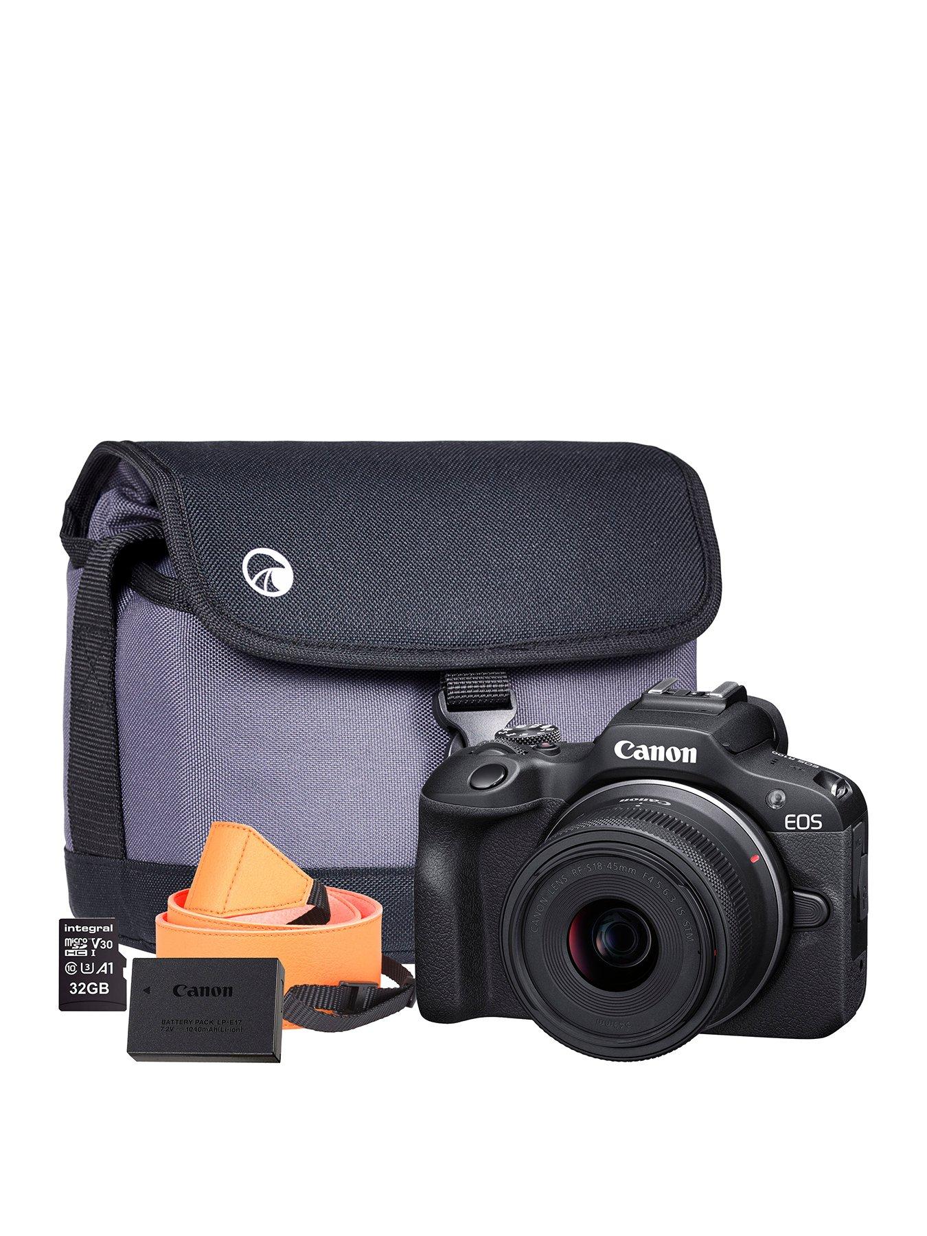 Canon EOS R100 APS-C Mirrorless Camera Kit inc RF-S 18-45mm Lens, 128GB SD  Card, Neck Strap and Case - Black