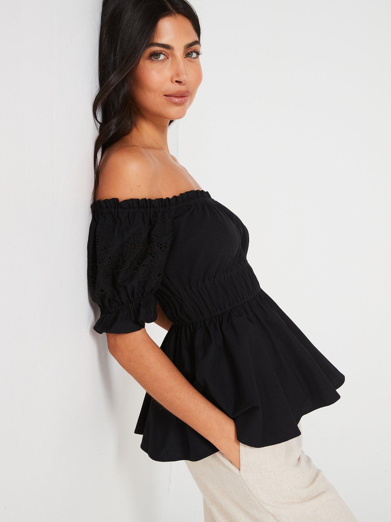 v-by-very-broderie-sleeve-peplum-top-blackdetail